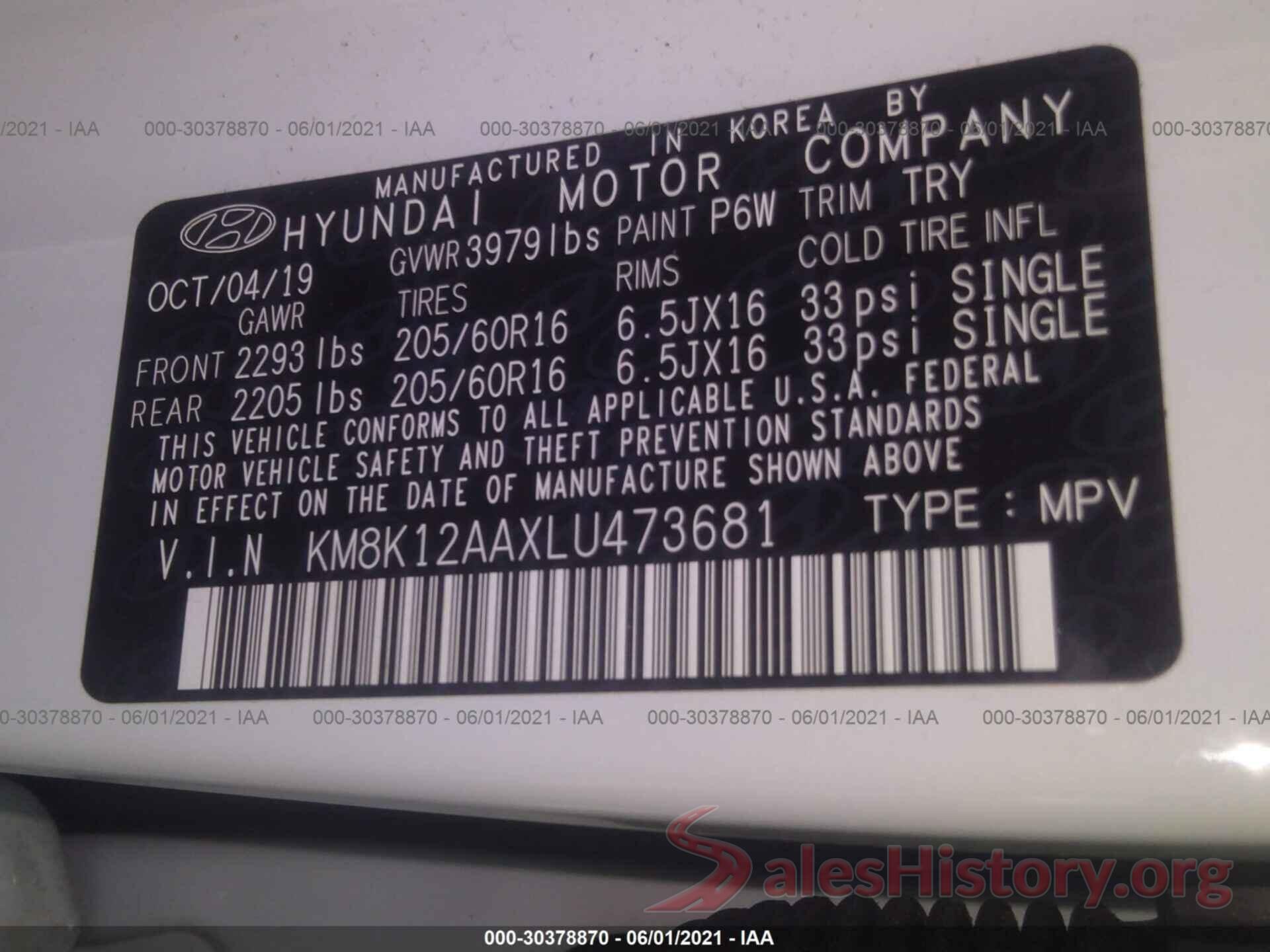 KM8K12AAXLU473681 2020 HYUNDAI KONA