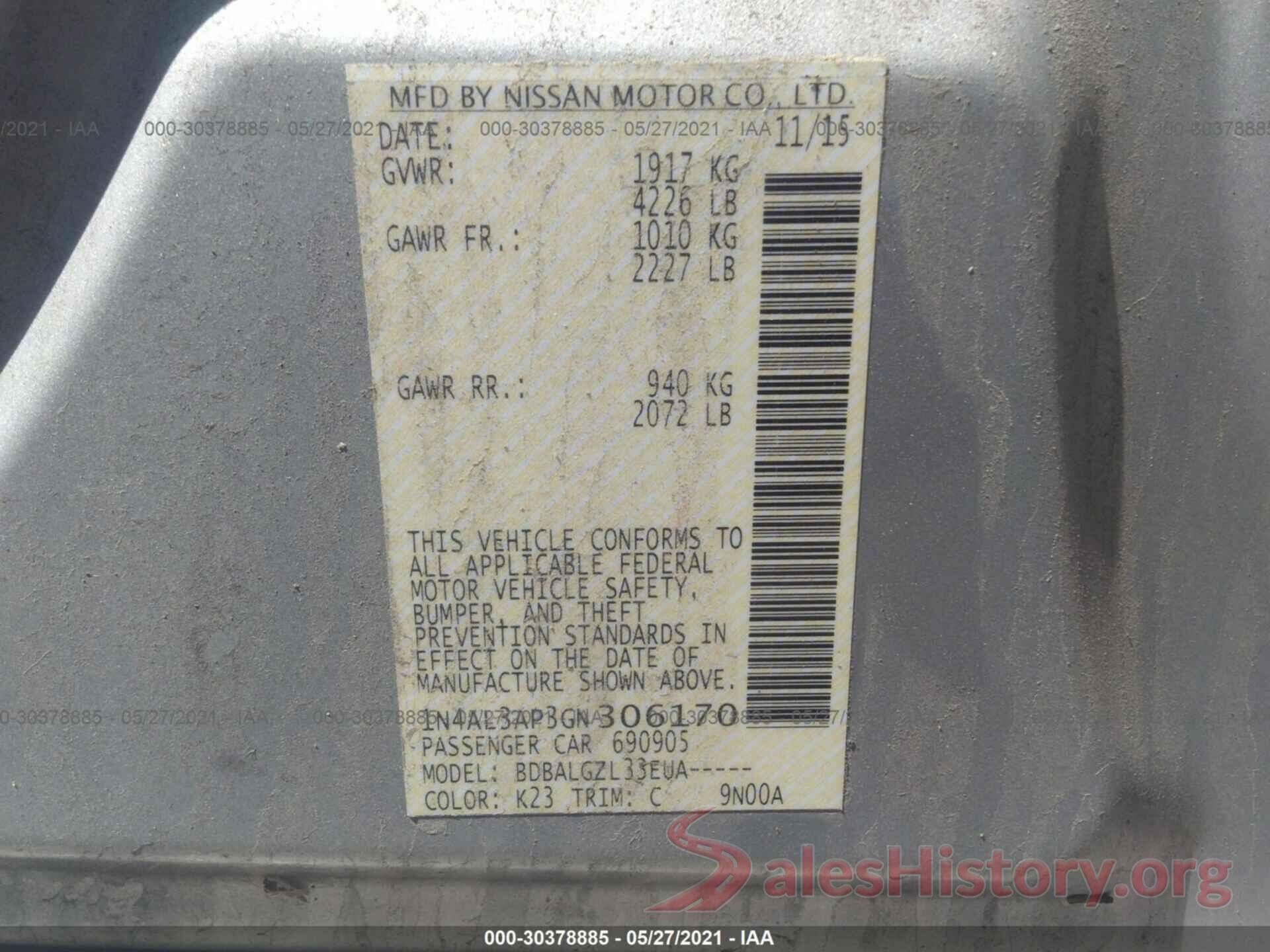 1N4AL3AP3GN306170 2016 NISSAN ALTIMA