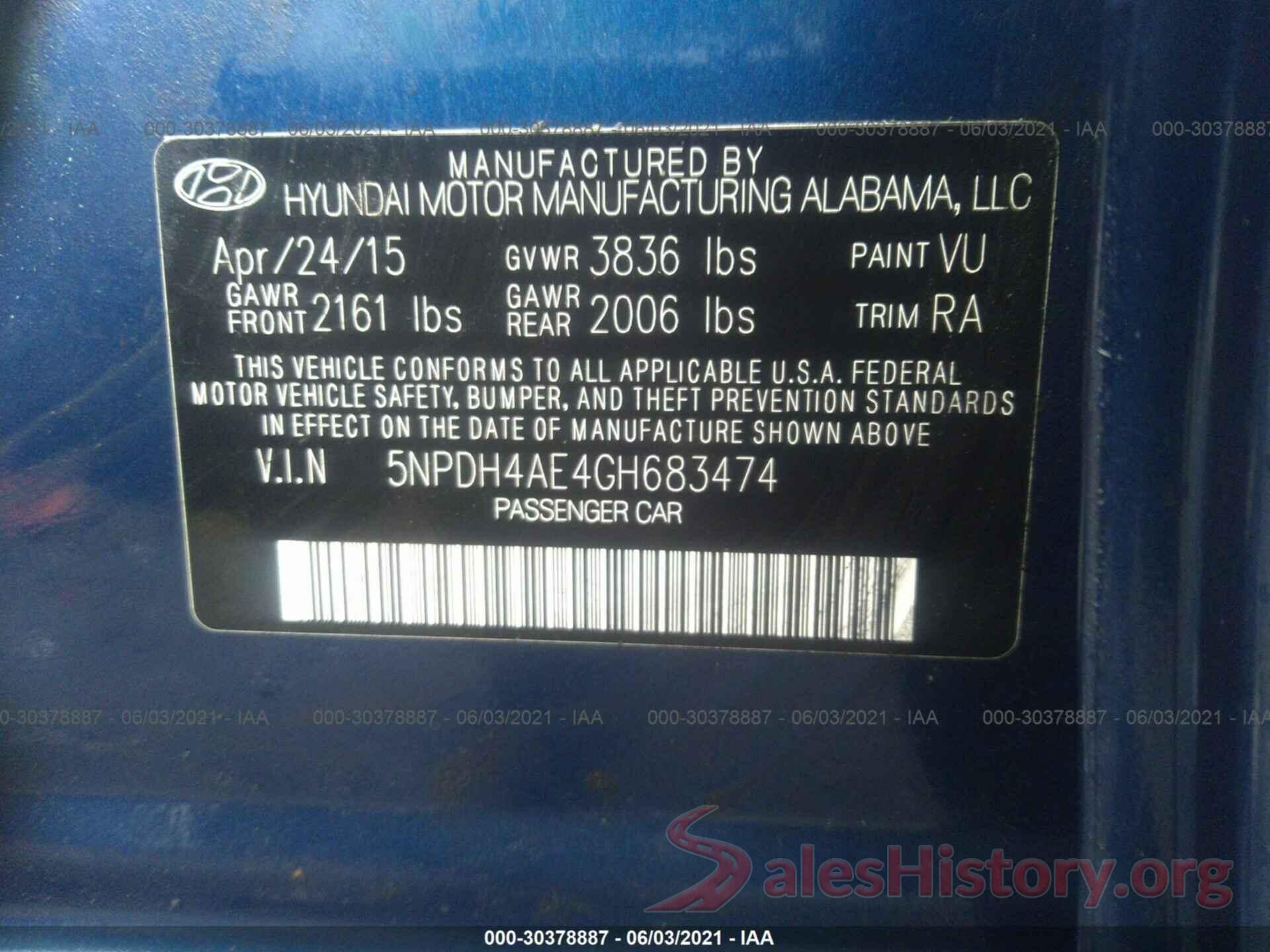 5NPDH4AE4GH683474 2016 HYUNDAI ELANTRA