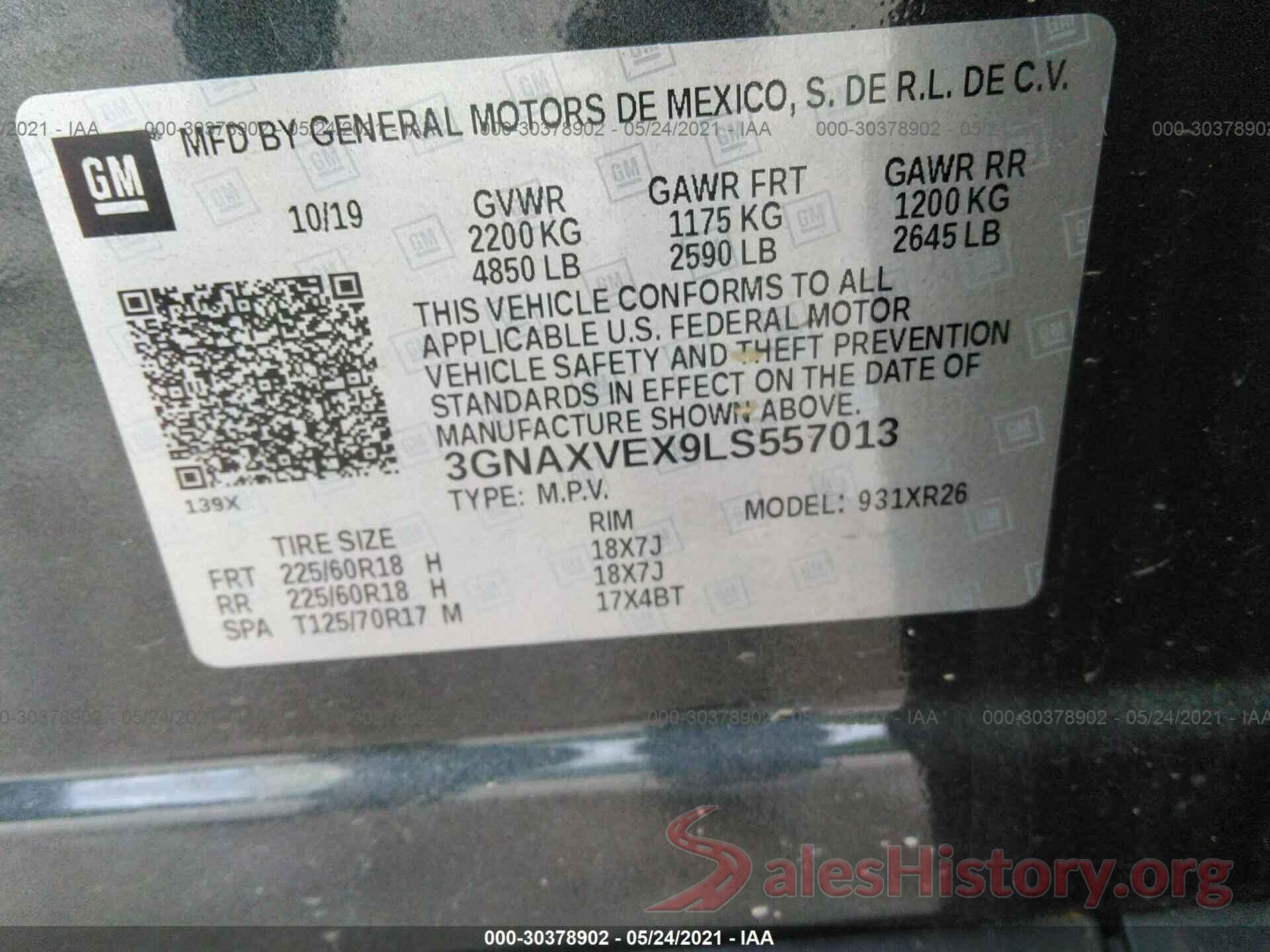 3GNAXVEX9LS557013 2020 CHEVROLET EQUINOX