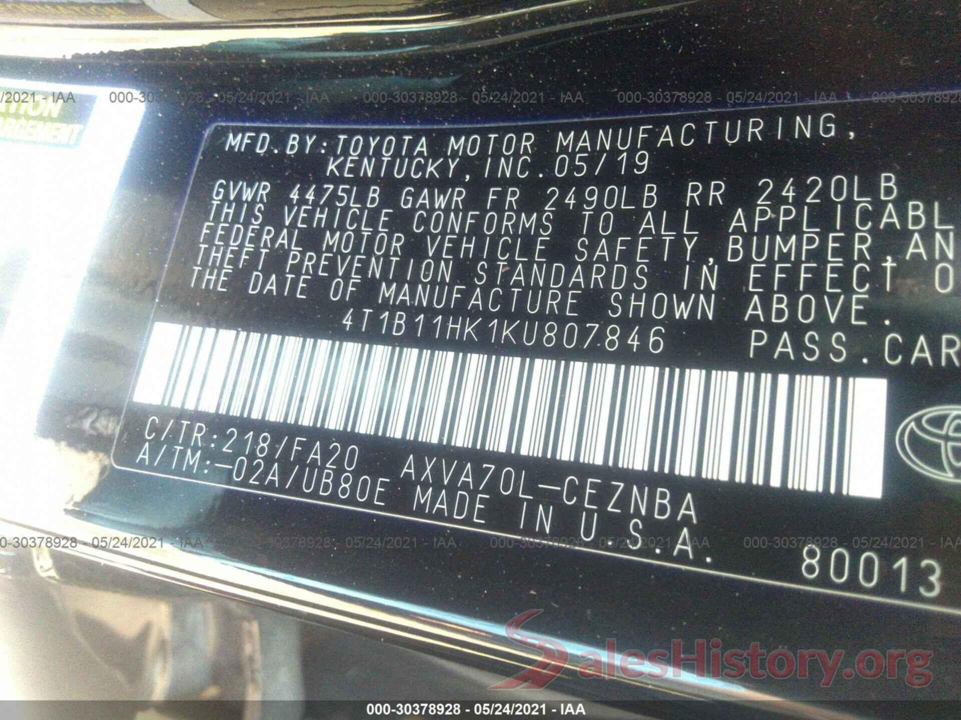 4T1B11HK1KU807846 2019 TOYOTA CAMRY