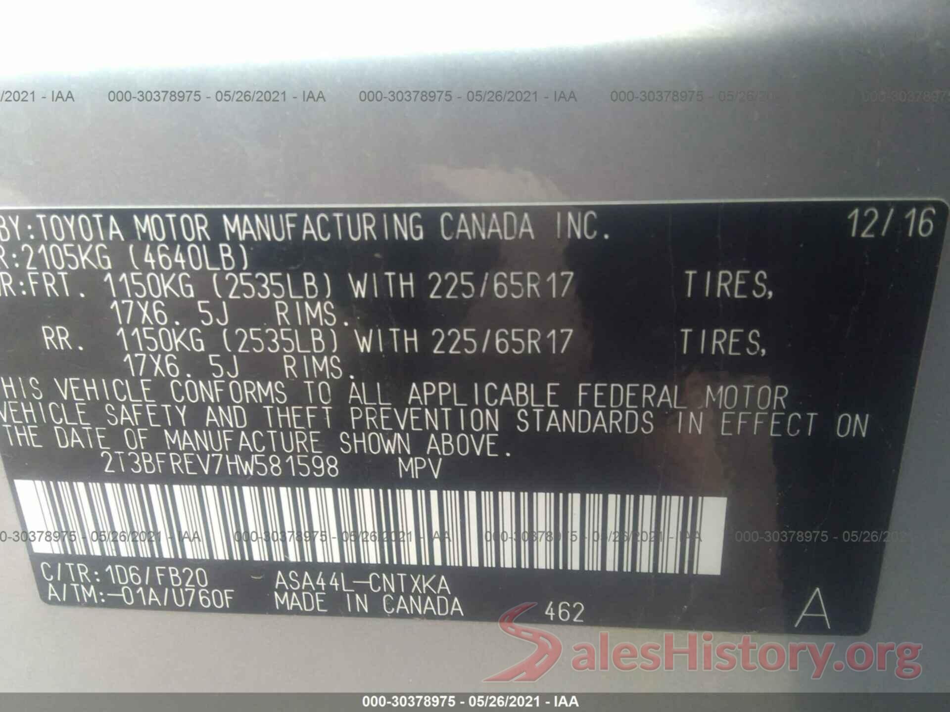 2T3BFREV7HW581598 2017 TOYOTA RAV4