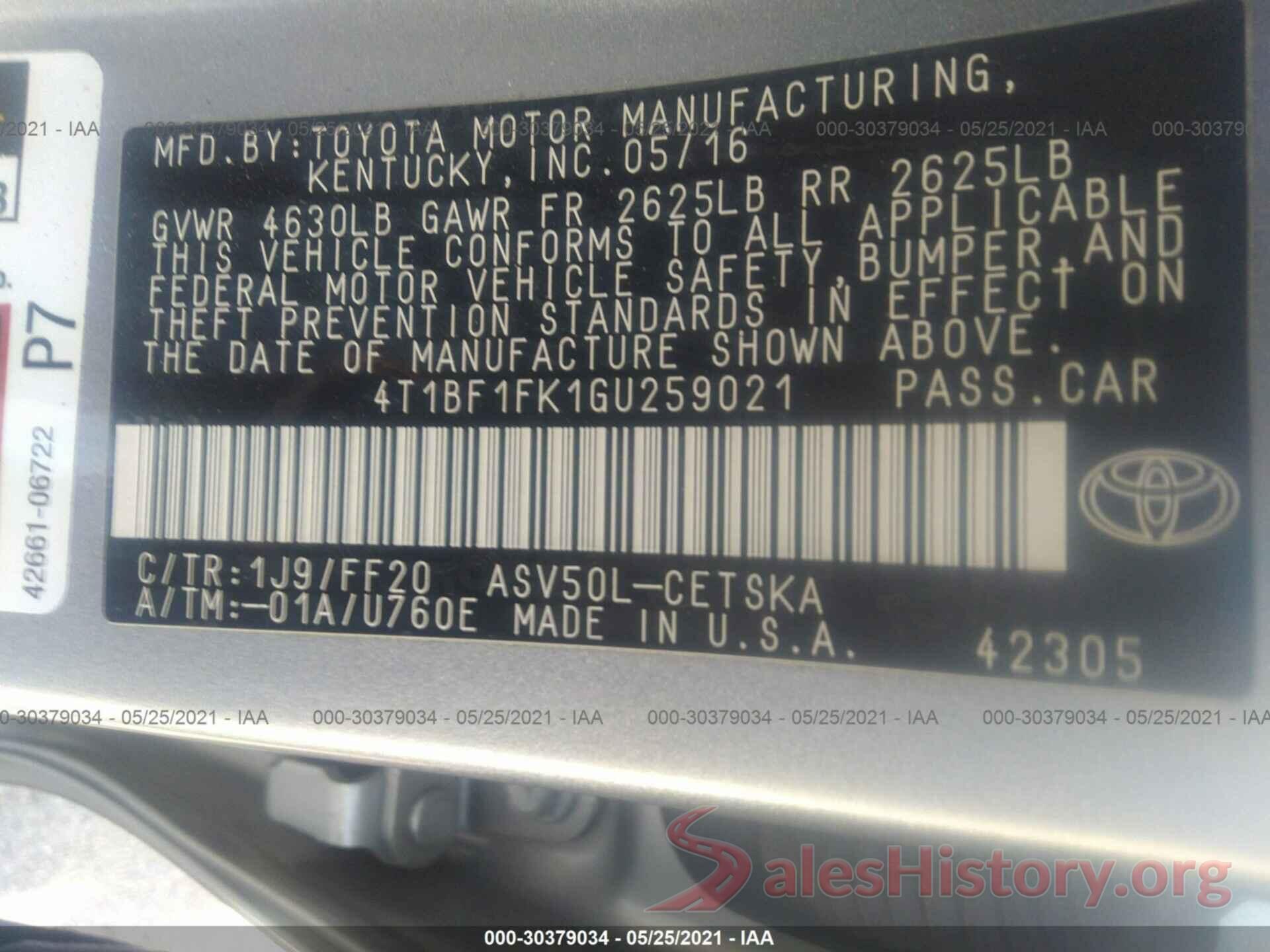 4T1BF1FK1GU259021 2016 TOYOTA CAMRY