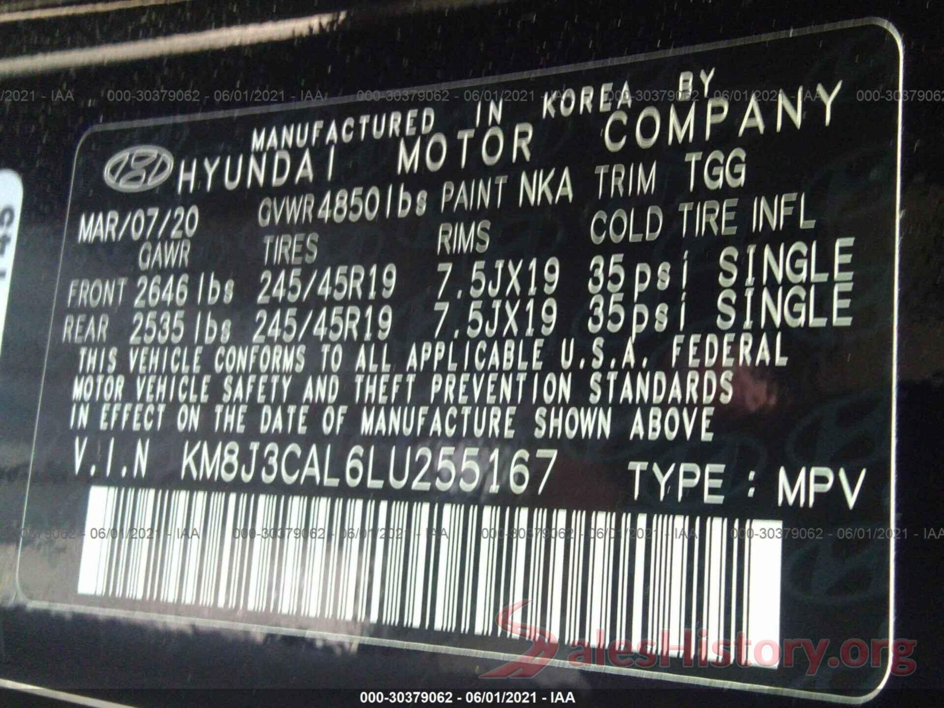 KM8J3CAL6LU255167 2020 HYUNDAI TUCSON