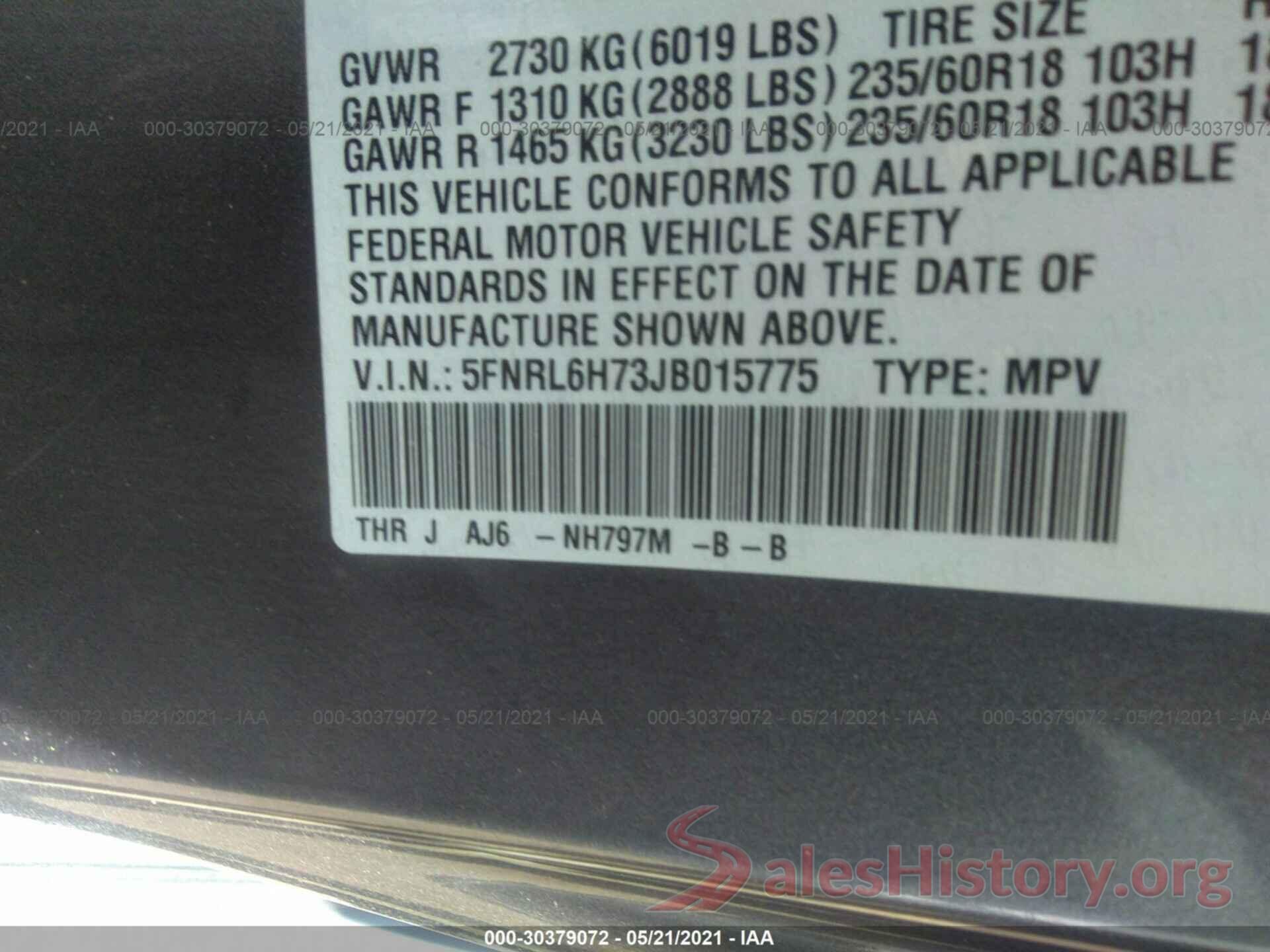 5FNRL6H73JB015775 2018 HONDA ODYSSEY