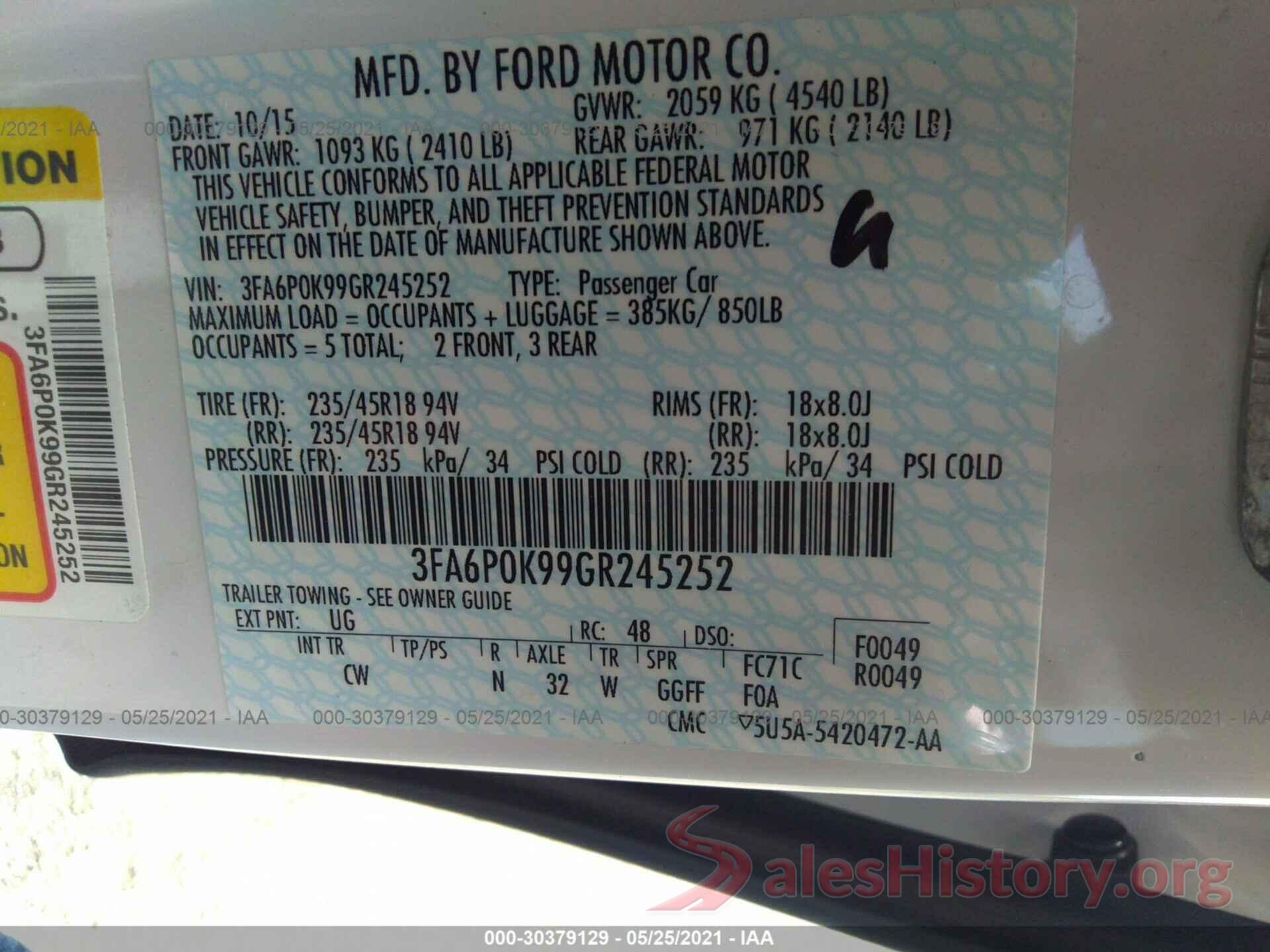 3FA6P0K99GR245252 2016 FORD FUSION