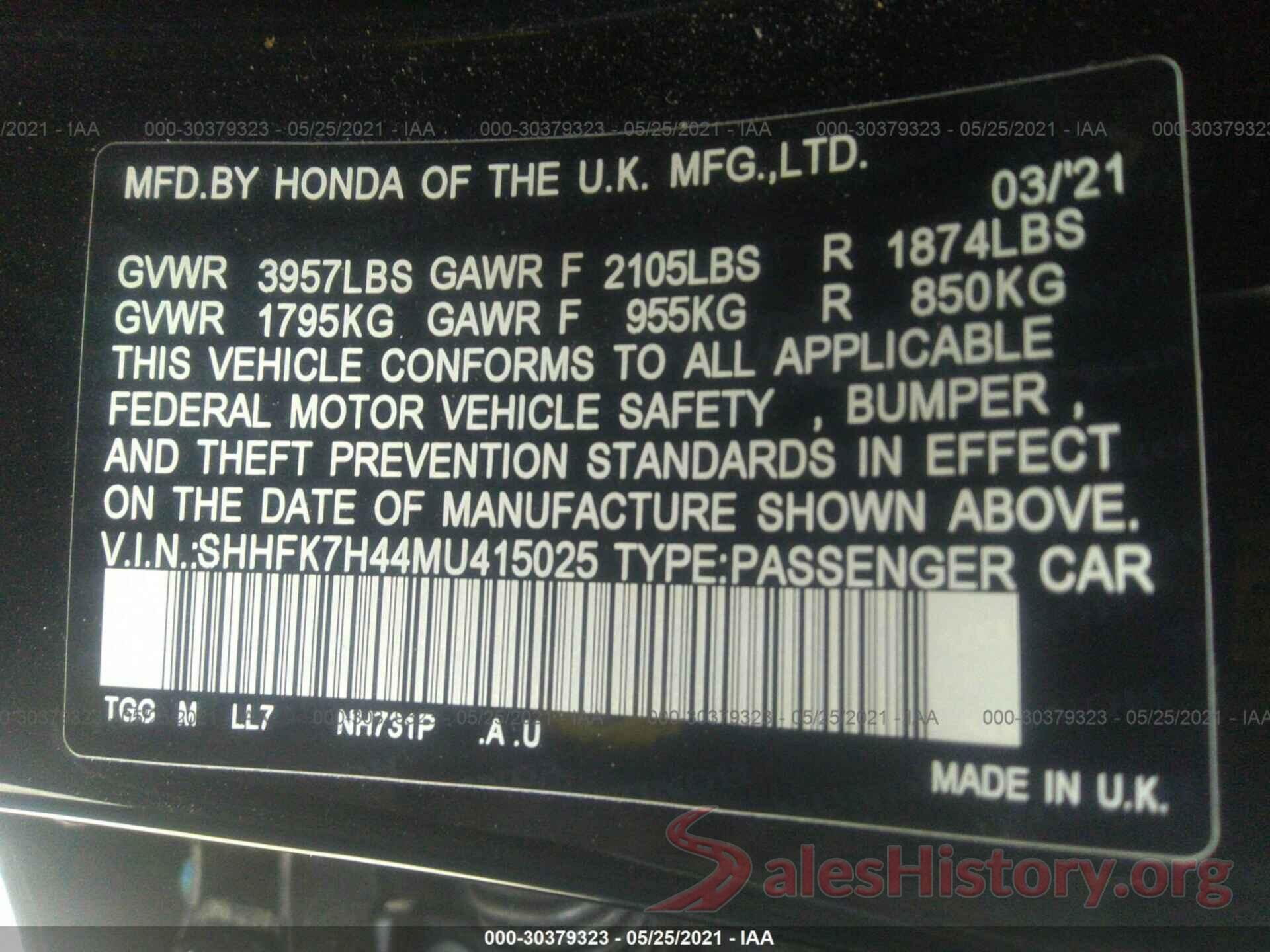 SHHFK7H44MU415025 2021 HONDA CIVIC HATCHBACK