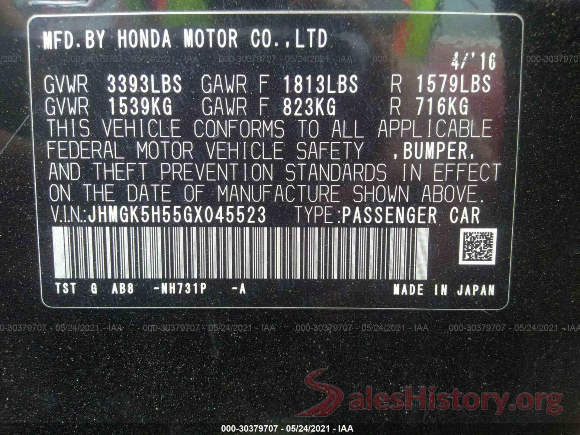 JHMGK5H55GX045523 2016 HONDA FIT