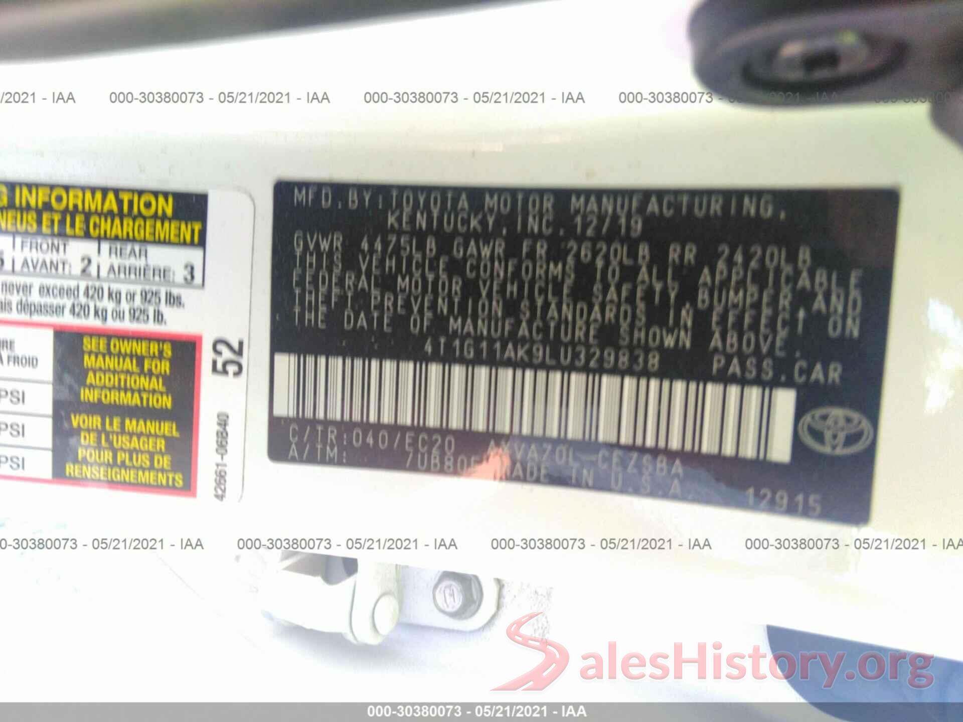 4T1G11AK9LU329838 2020 TOYOTA CAMRY