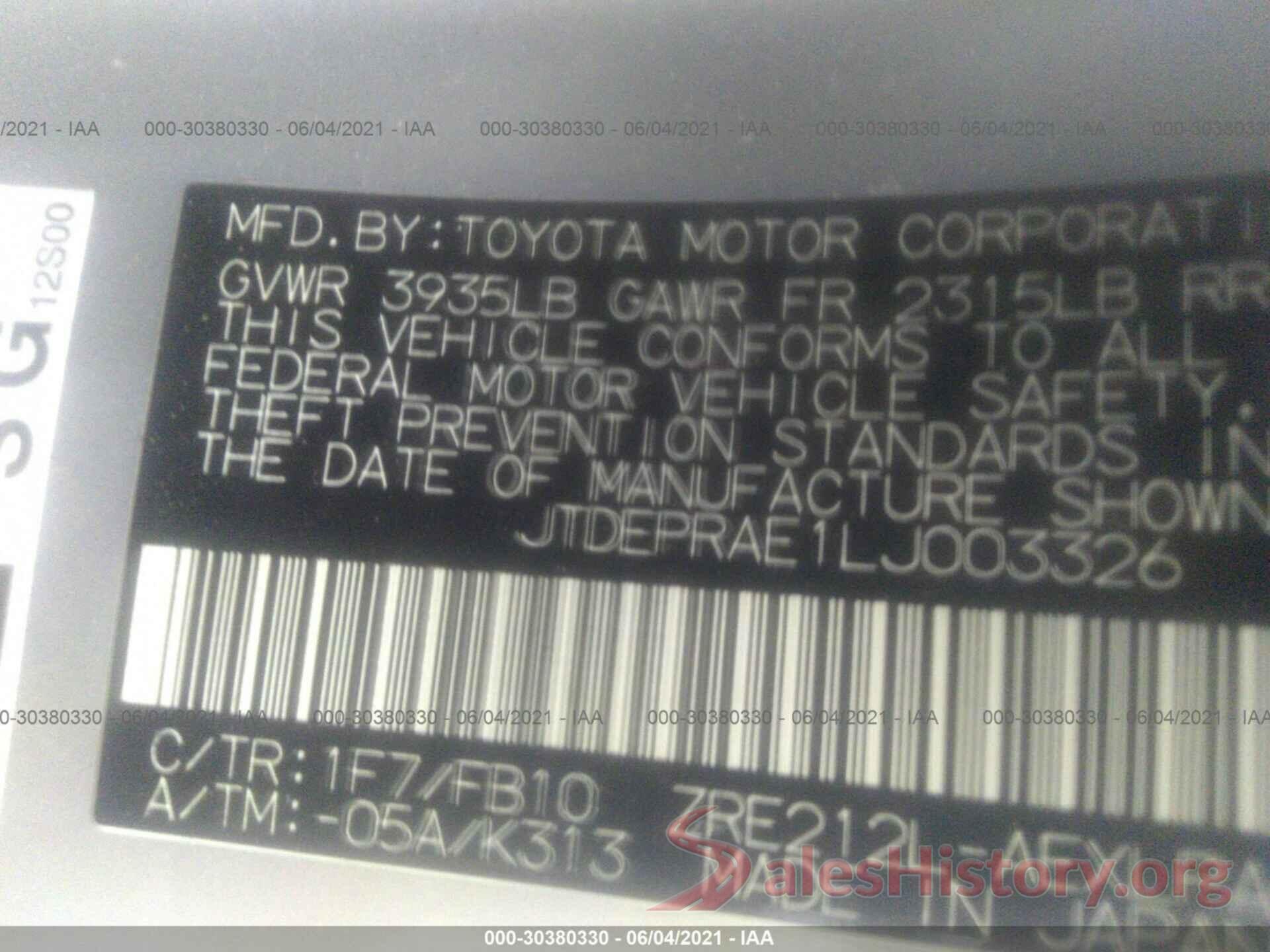 JTDEPRAE1LJ003326 2020 TOYOTA COROLLA