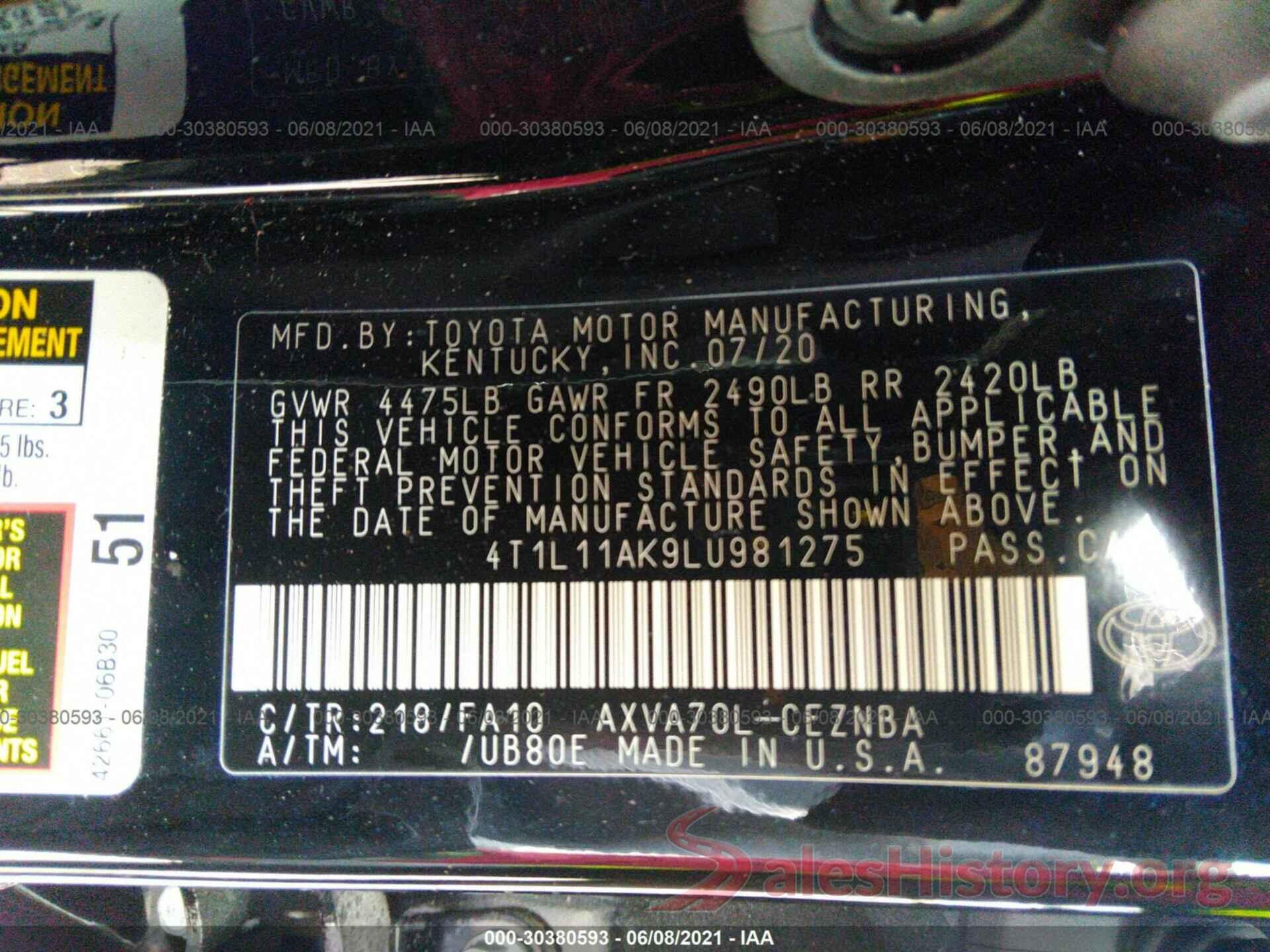 4T1L11AK9LU981275 2020 TOYOTA CAMRY