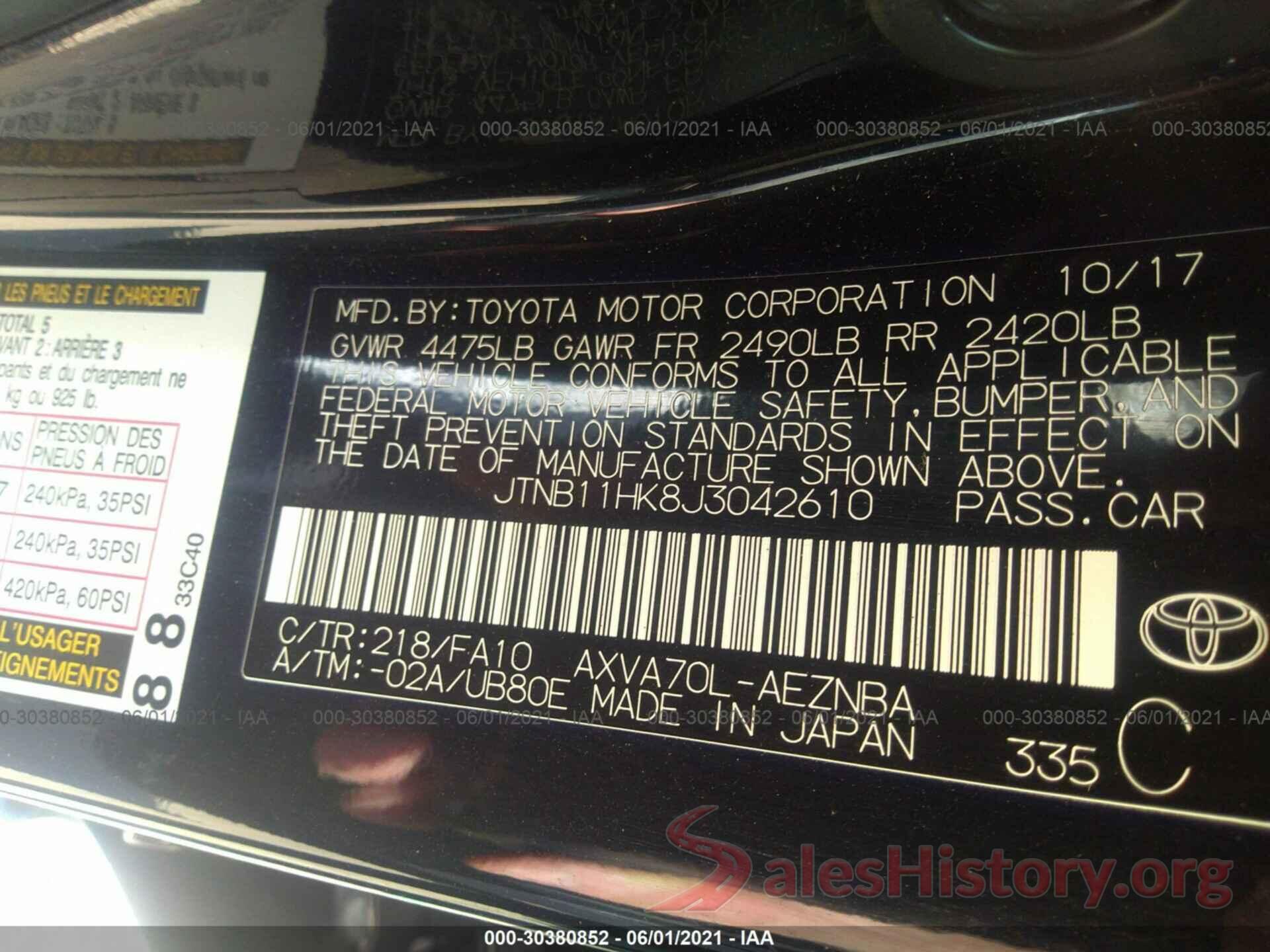 JTNB11HK8J3042610 2018 TOYOTA CAMRY