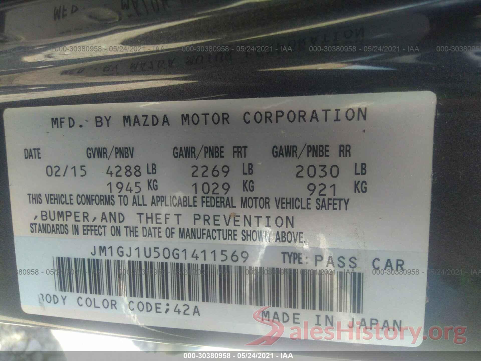 JM1GJ1U50G1411569 2016 MAZDA MAZDA6