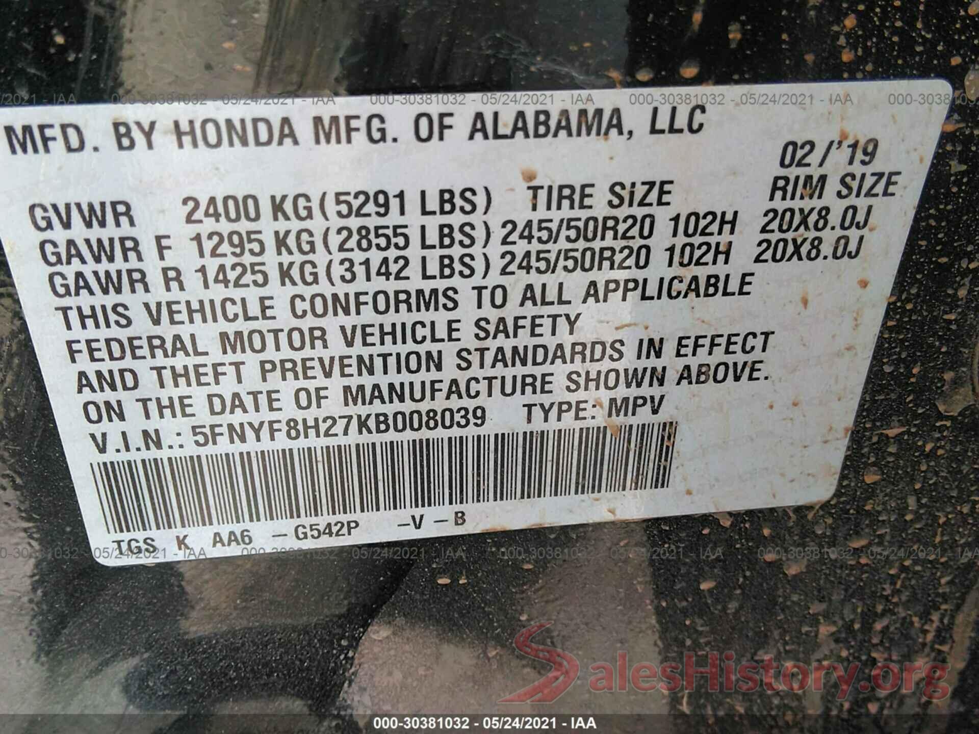 5FNYF8H27KB008039 2019 HONDA PASSPORT