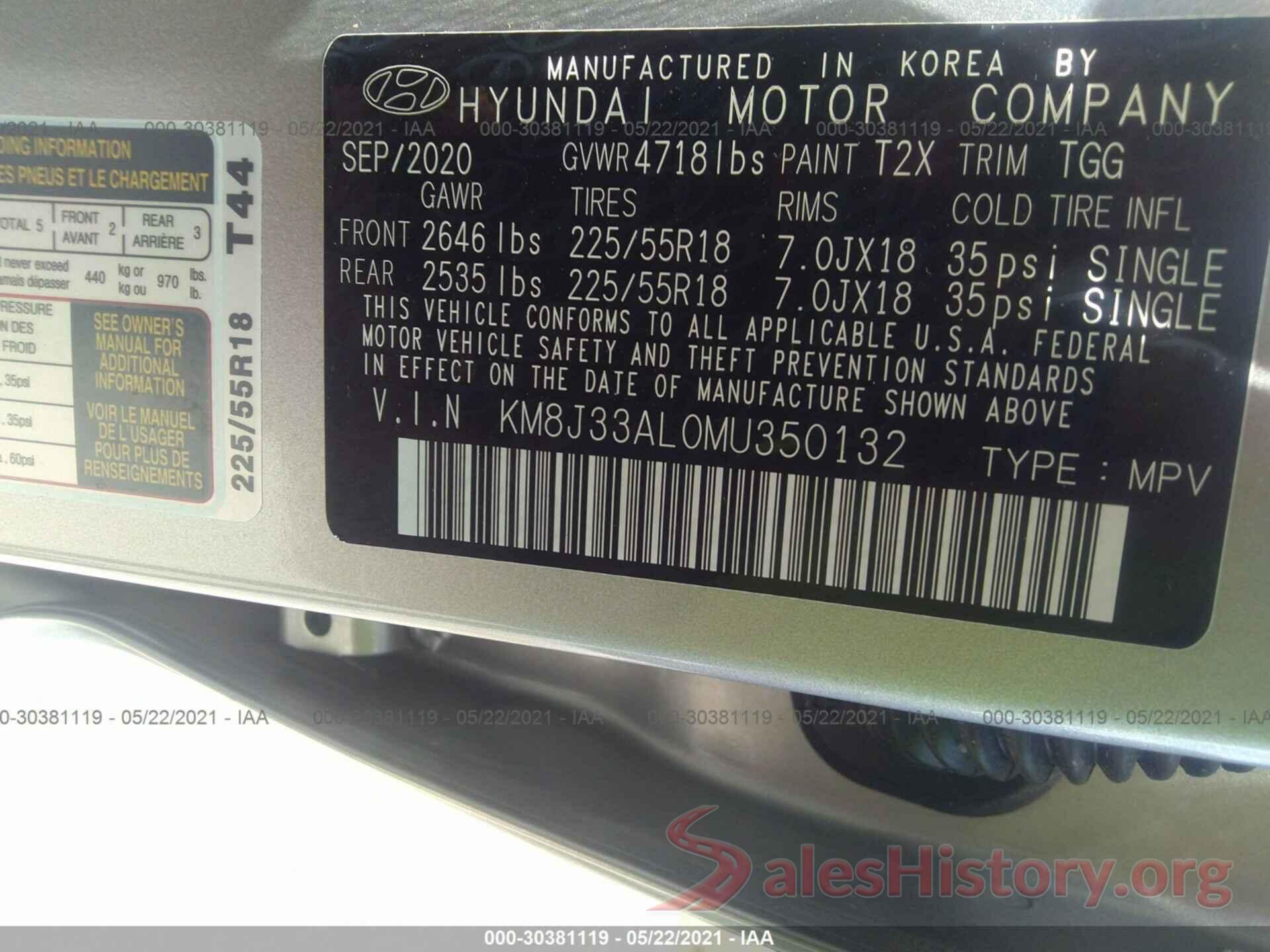 KM8J33AL0MU350132 2021 HYUNDAI TUCSON