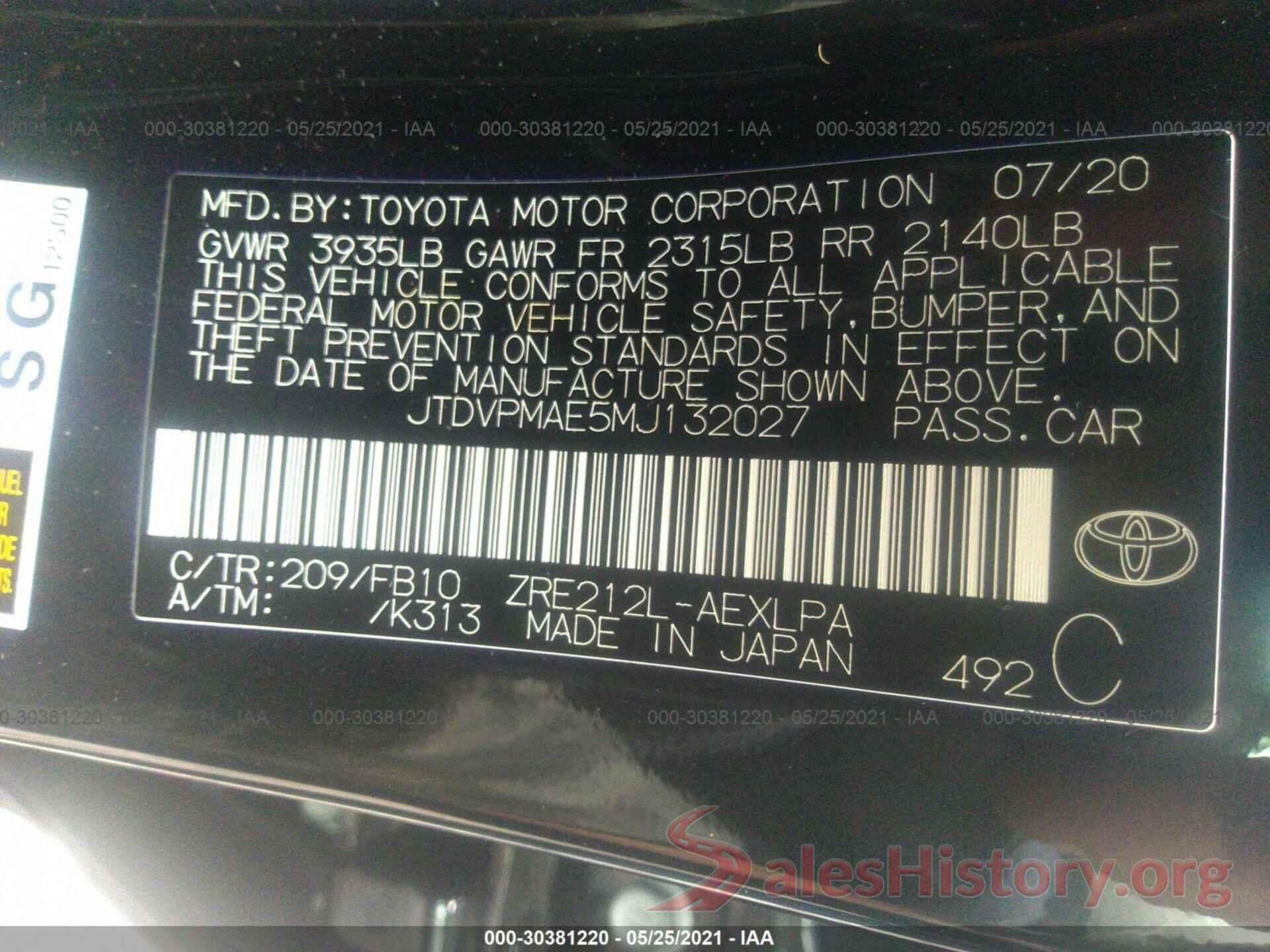 JTDVPMAE5MJ132027 2021 TOYOTA COROLLA