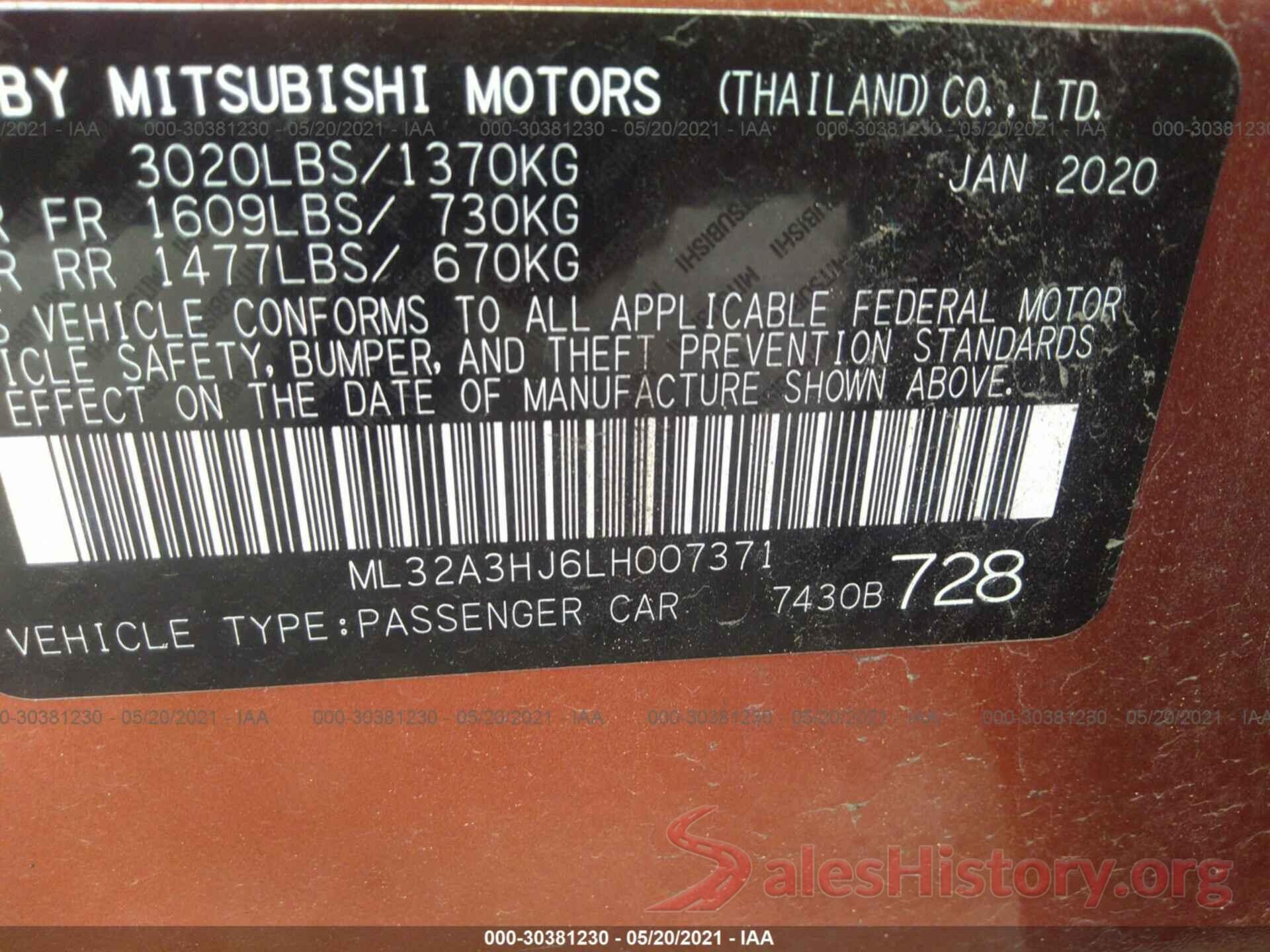 ML32A3HJ6LH007371 2020 MITSUBISHI MIRAGE