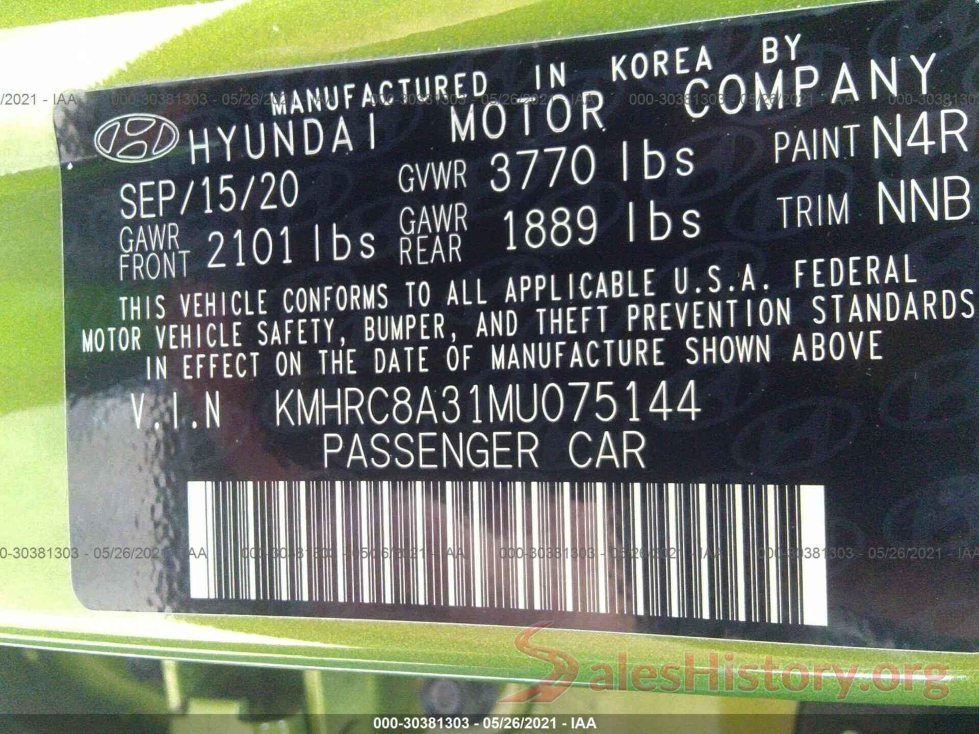 KMHRC8A31MU075144 2021 HYUNDAI VENUE