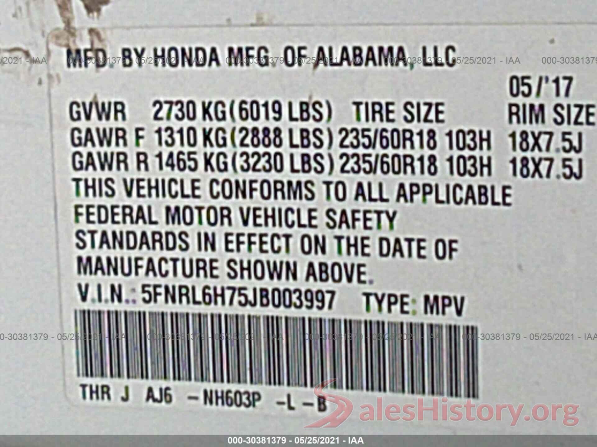 5FNRL6H75JB003997 2018 HONDA ODYSSEY