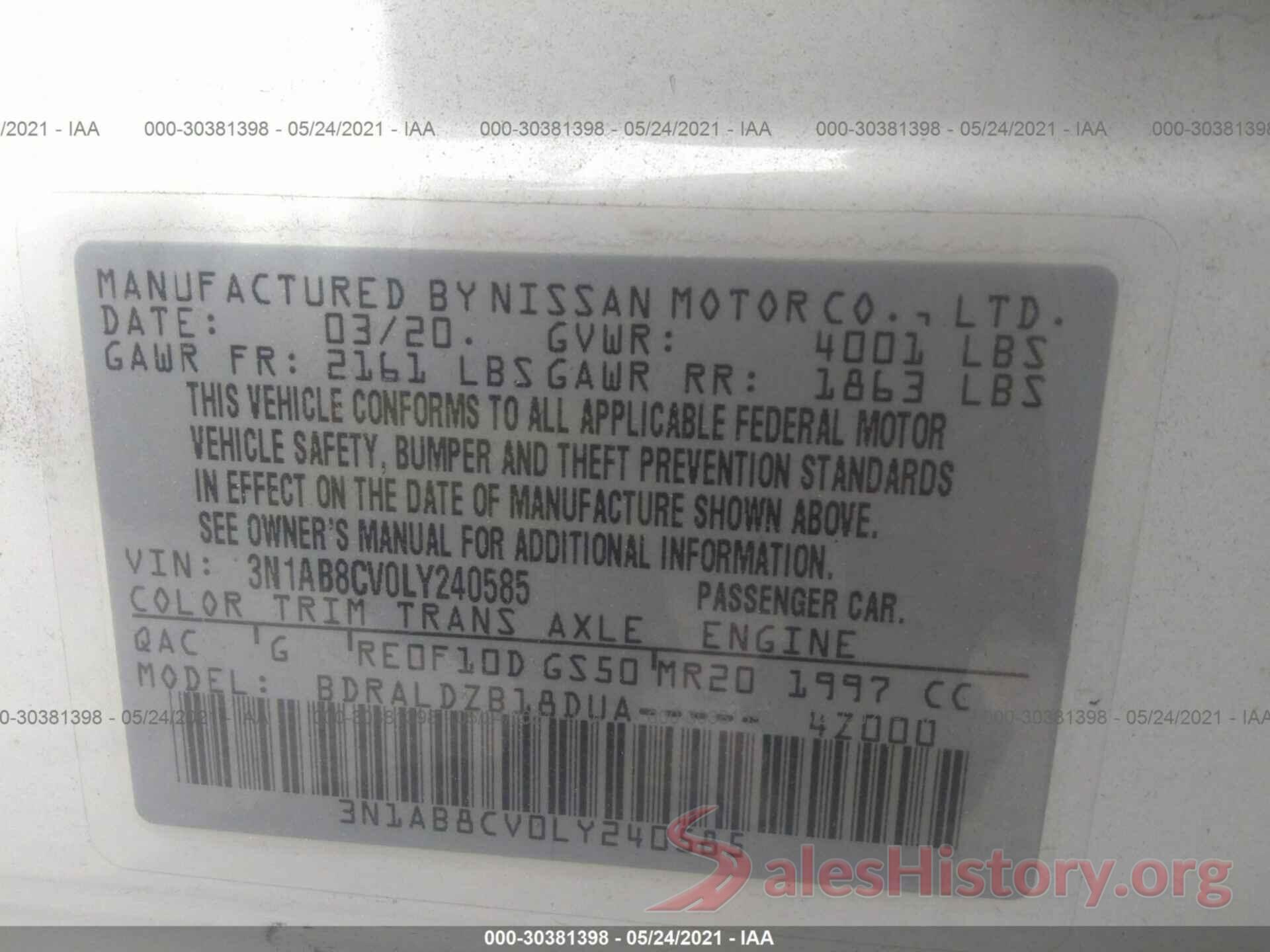 3N1AB8CV0LY240585 2020 NISSAN SENTRA