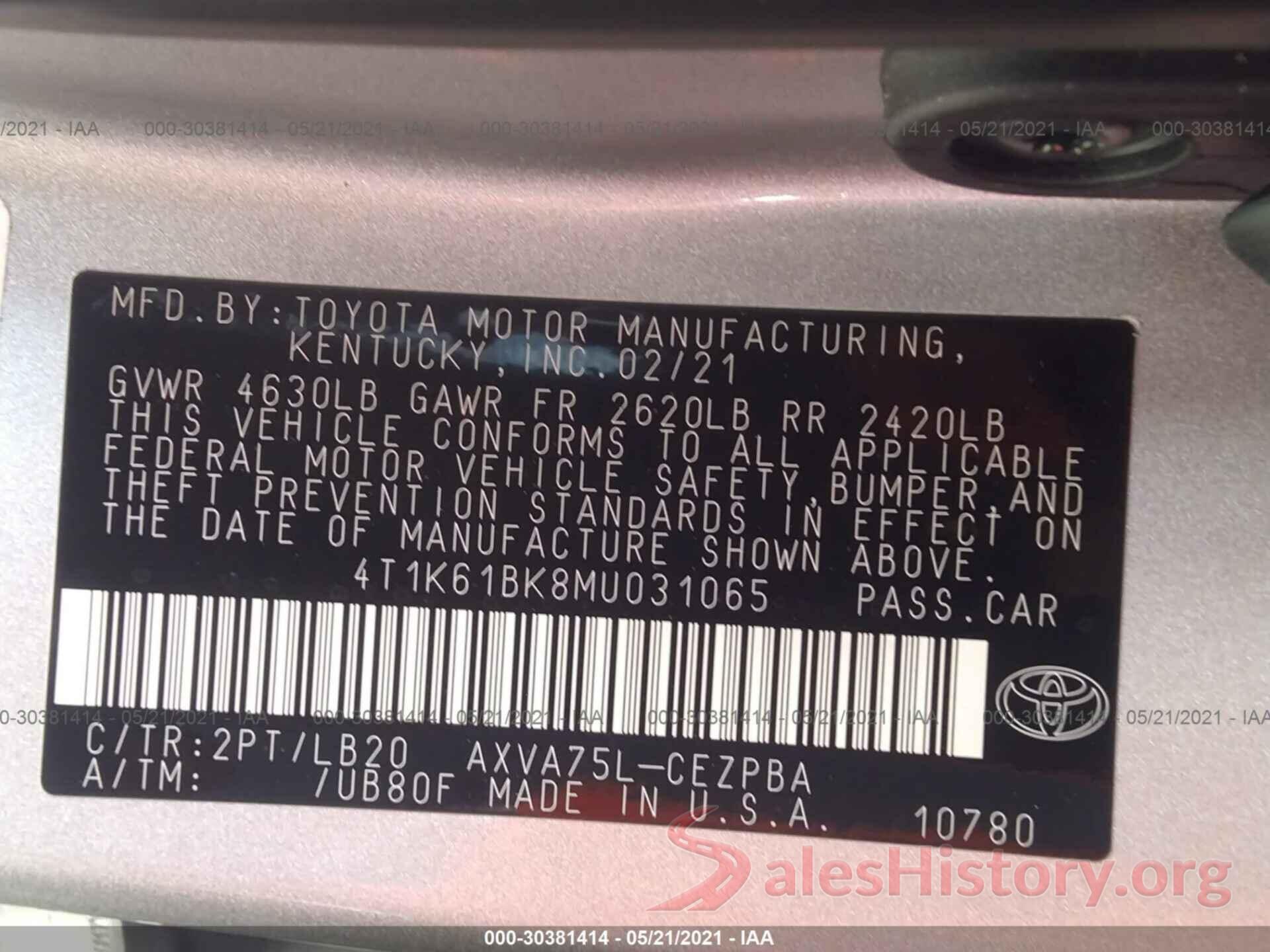 4T1K61BK8MU031065 2021 TOYOTA CAMRY