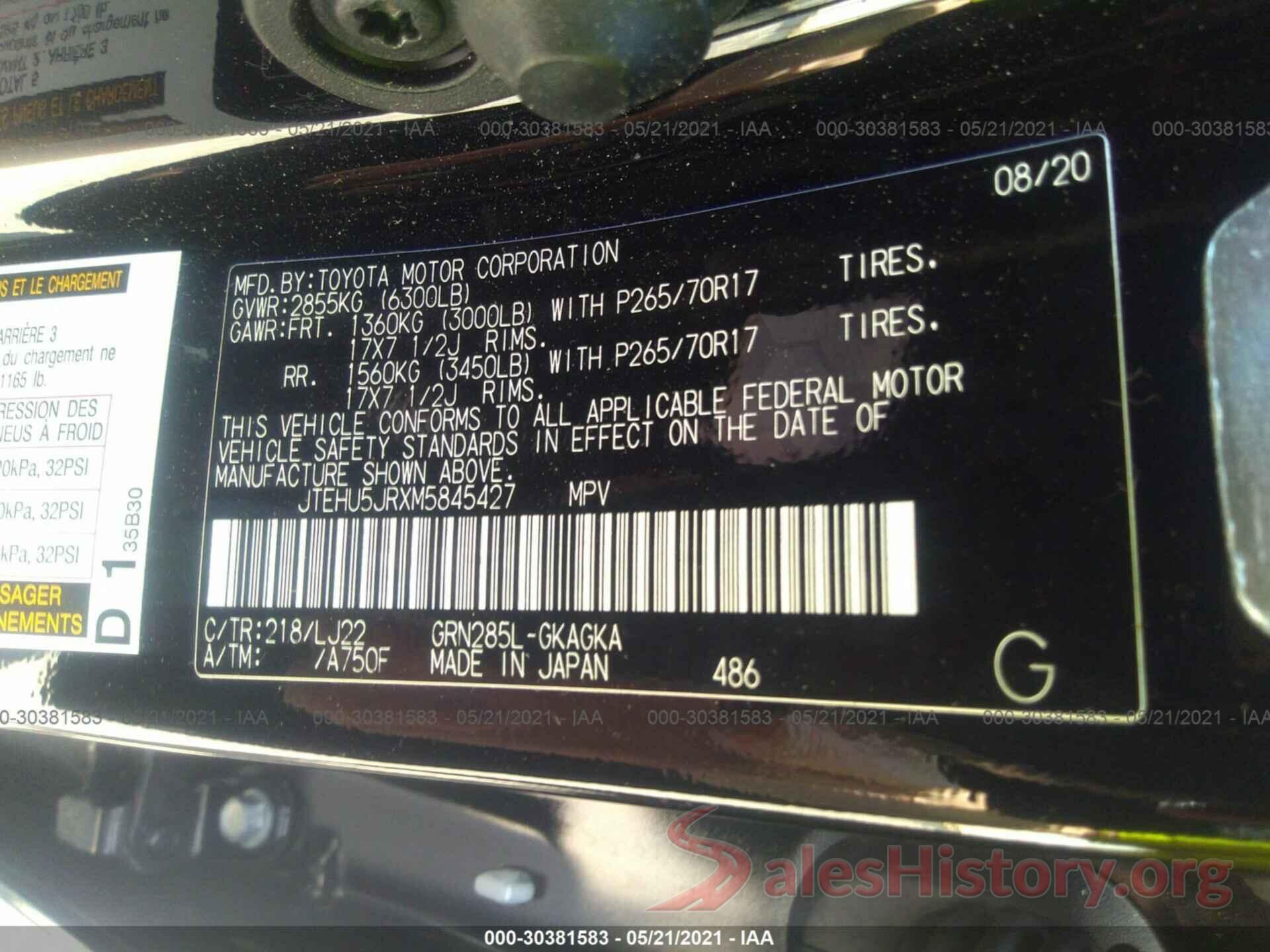 JTEHU5JRXM5845427 2021 TOYOTA 4RUNNER