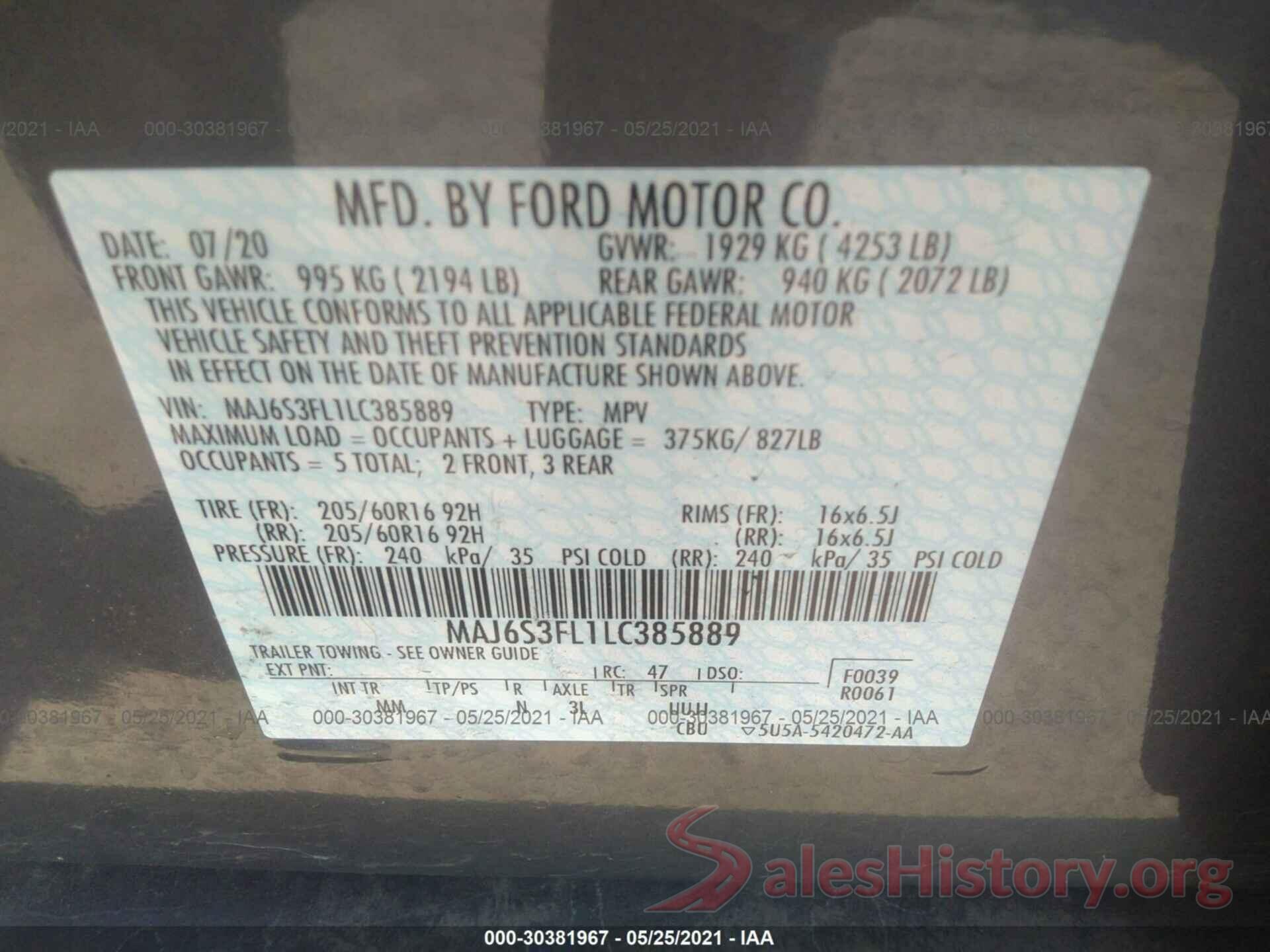 MAJ6S3FL1LC385889 2020 FORD ECOSPORT