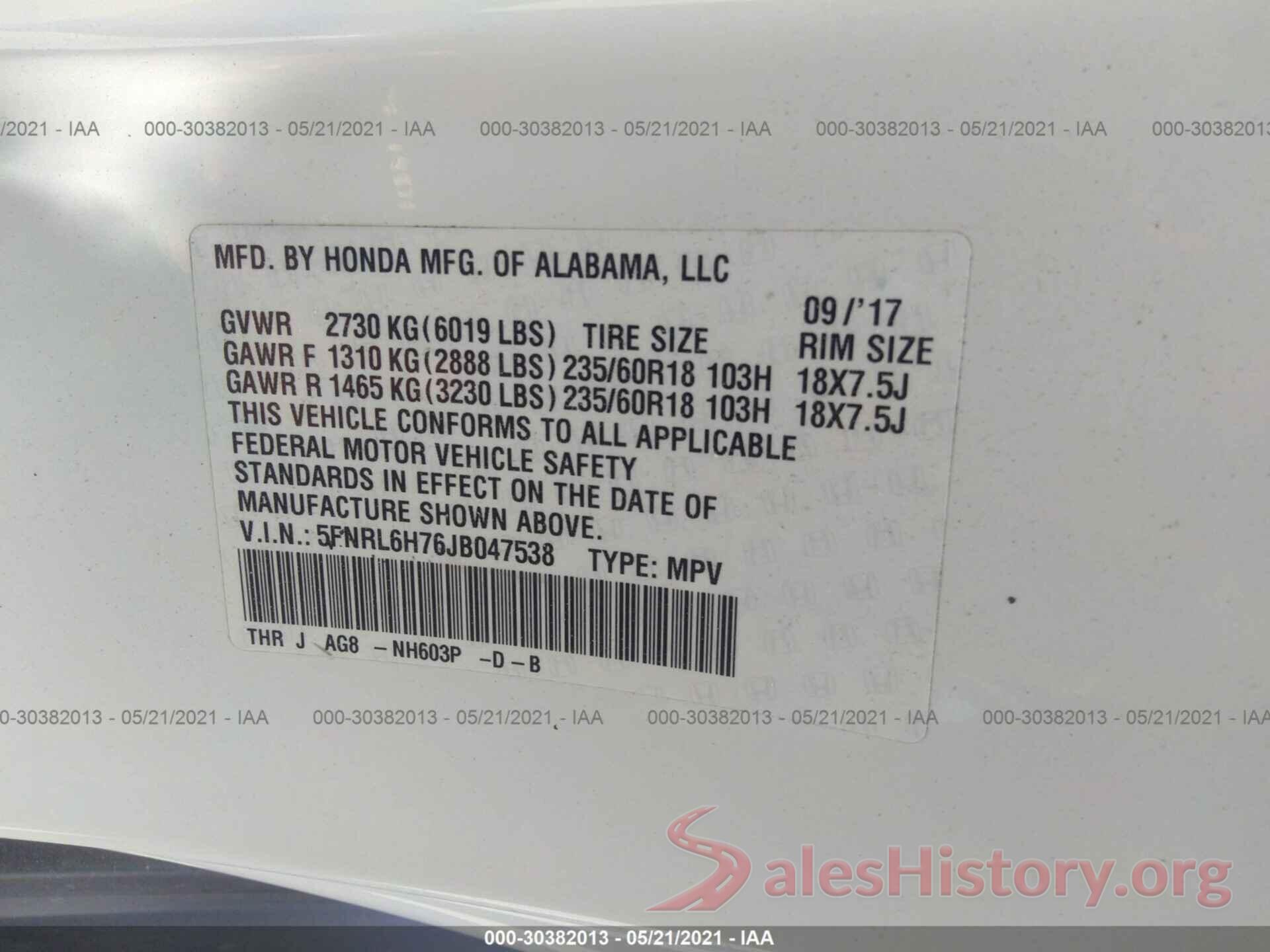 5FNRL6H76JB047538 2018 HONDA ODYSSEY