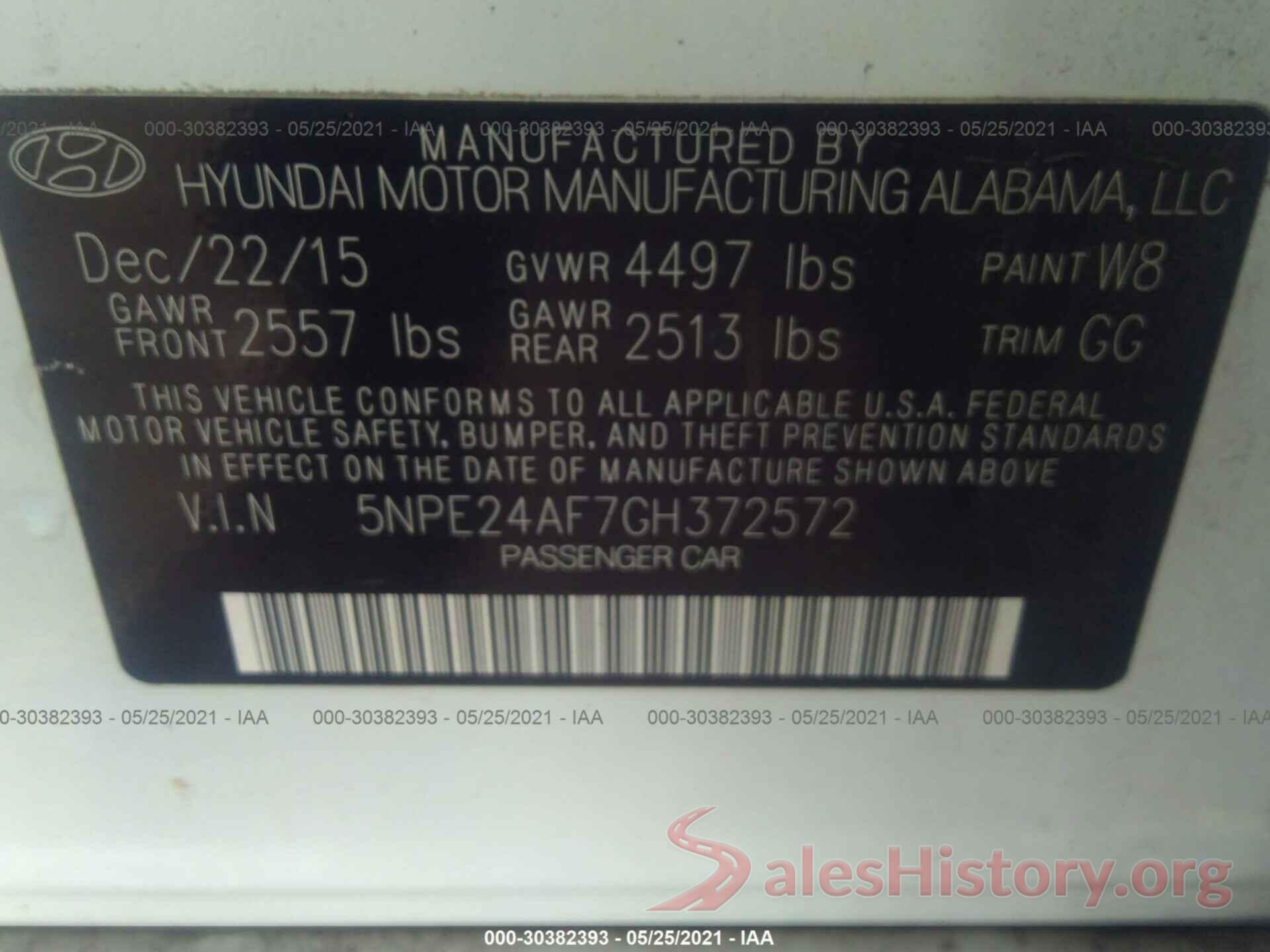 5NPE24AF7GH372572 2016 HYUNDAI SONATA