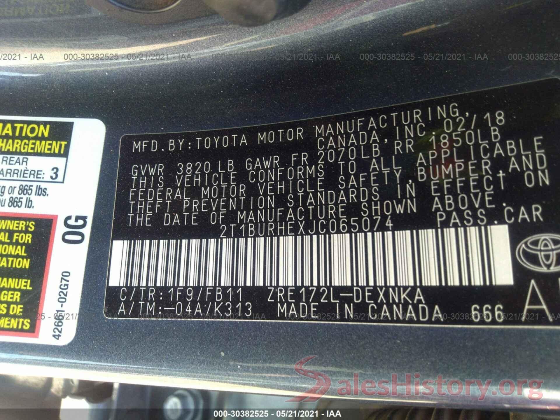 2T1BURHEXJC065074 2018 TOYOTA COROLLA