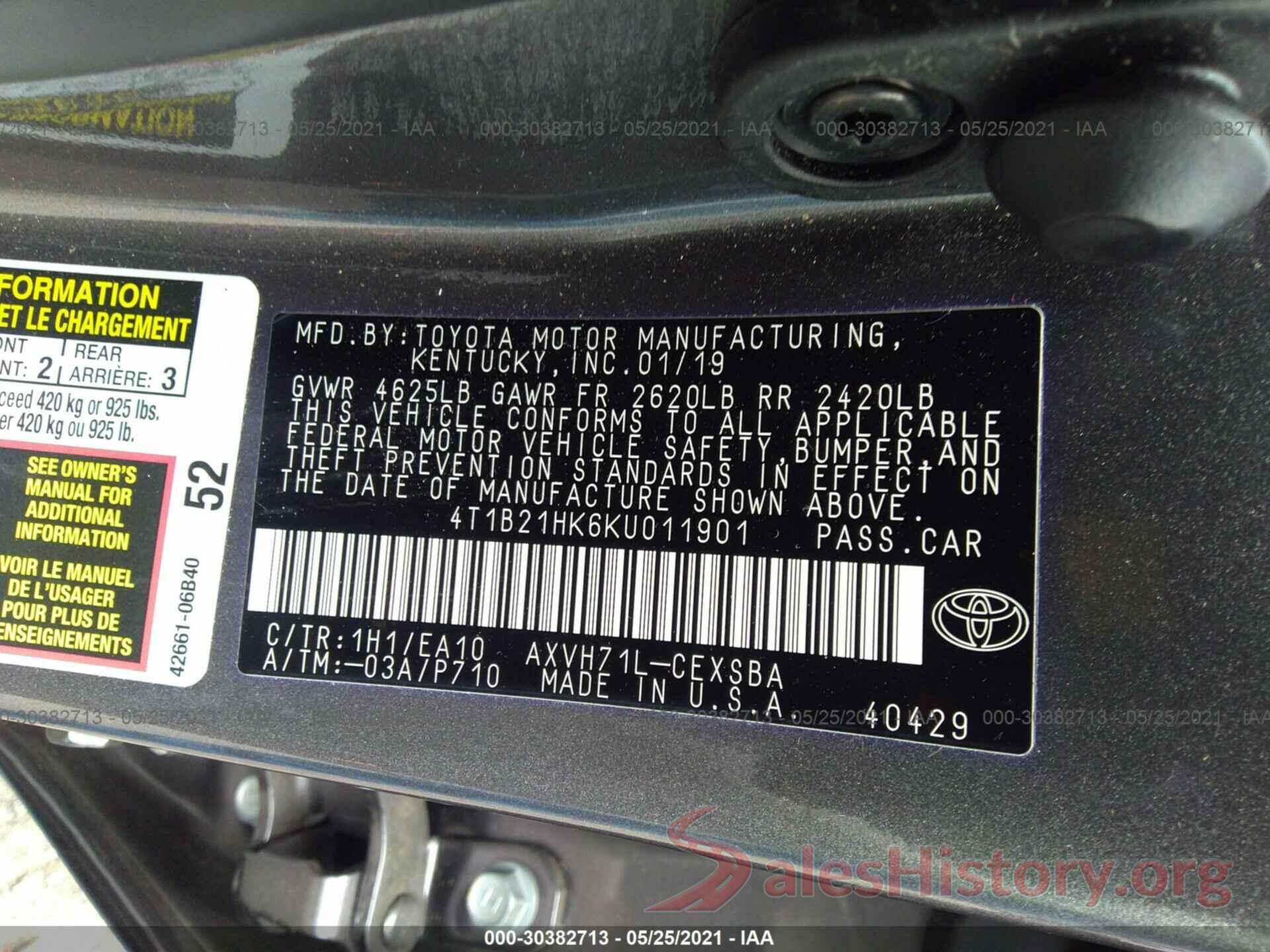 4T1B21HK6KU011901 2019 TOYOTA CAMRY