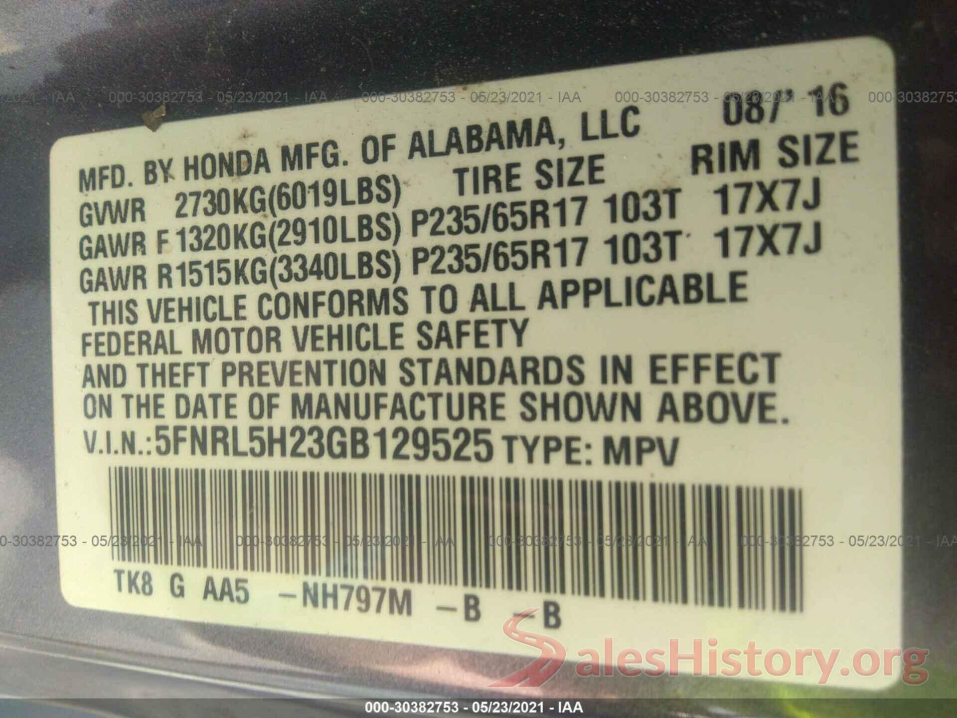 5FNRL5H23GB129525 2016 HONDA ODYSSEY