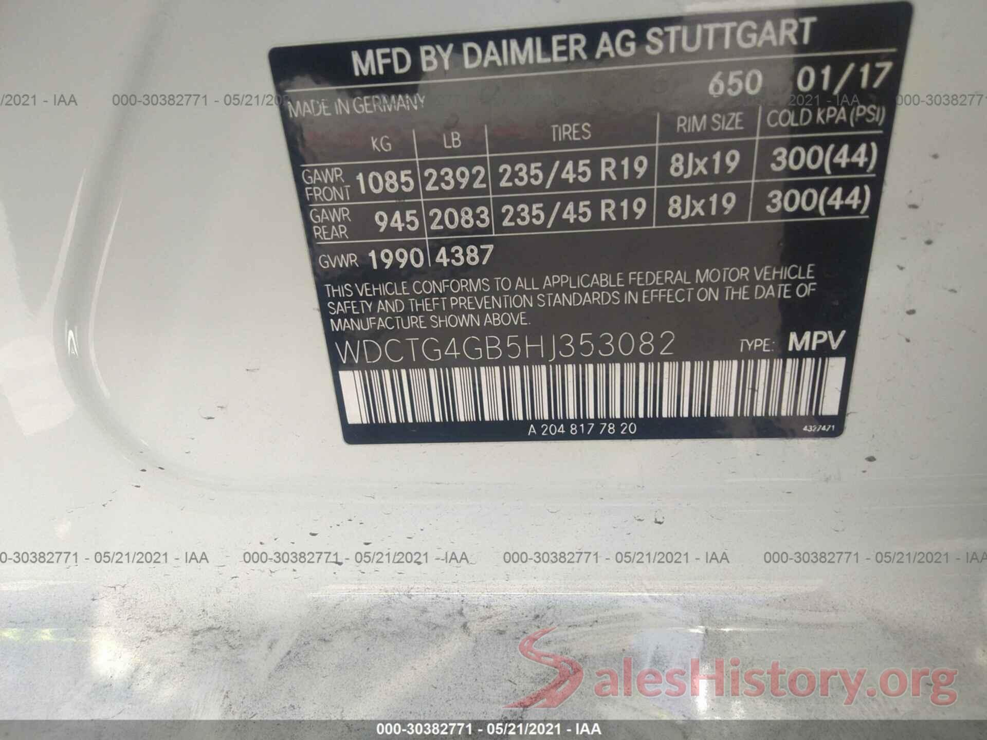 WDCTG4GB5HJ353082 2017 MERCEDES-BENZ GLA