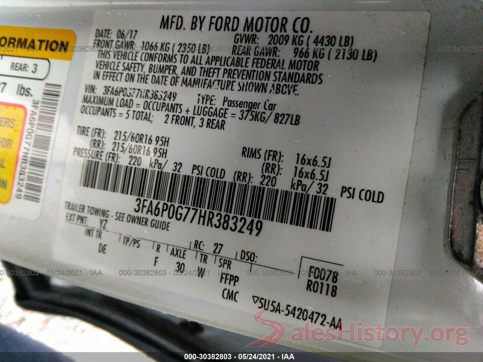 3FA6P0G77HR383249 2017 FORD FUSION