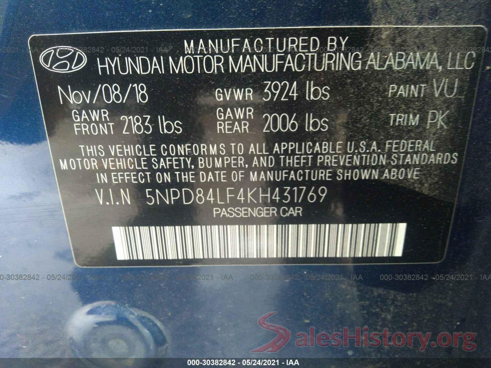 5NPD84LF4KH431769 2019 HYUNDAI ELANTRA