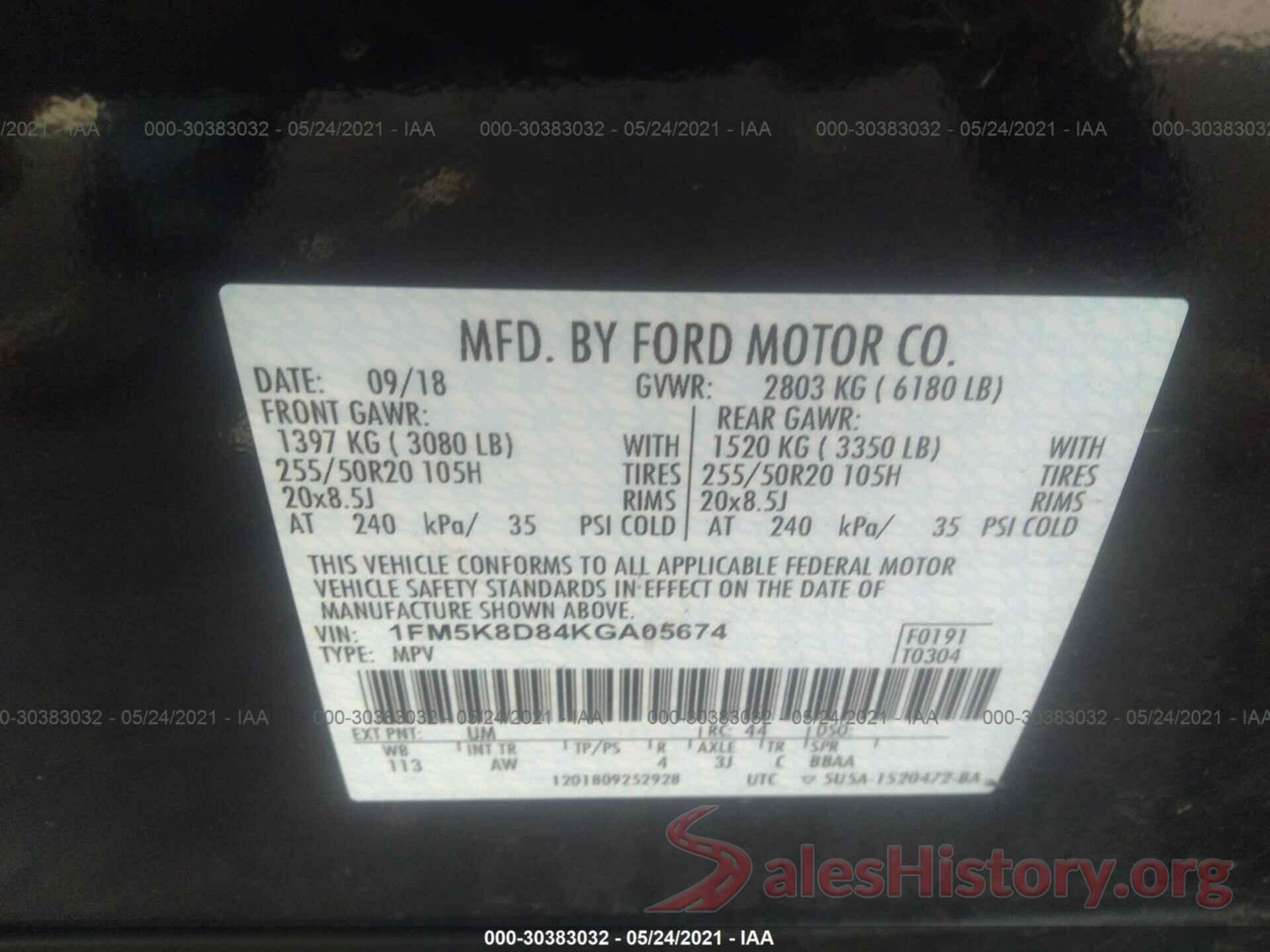 1FM5K8D84KGA05674 2019 FORD EXPLORER