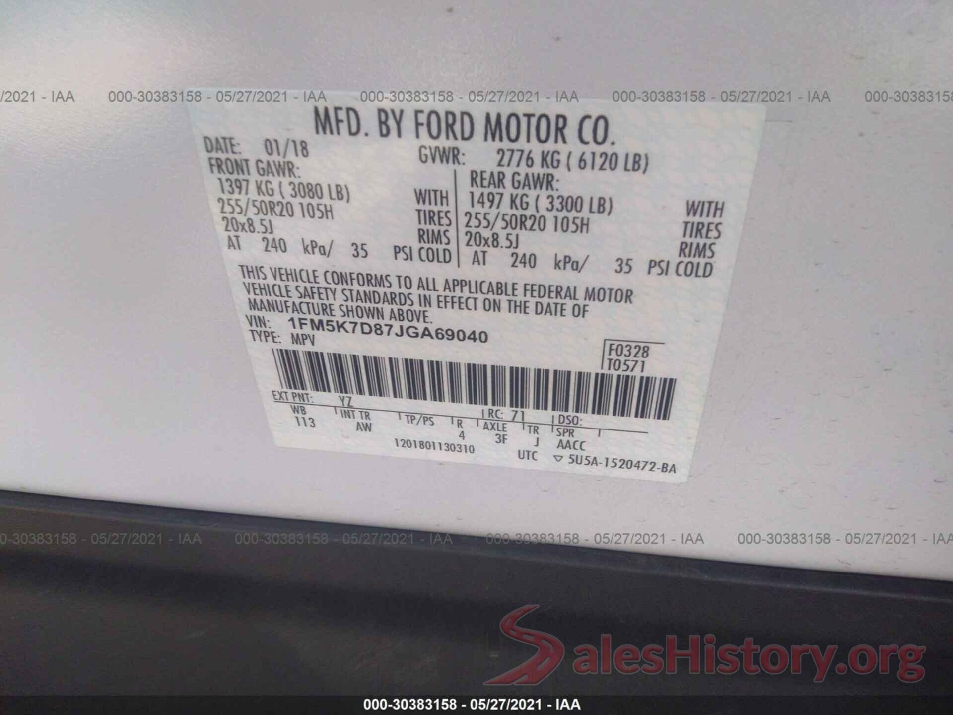 1FM5K7D87JGA69040 2018 FORD EXPLORER