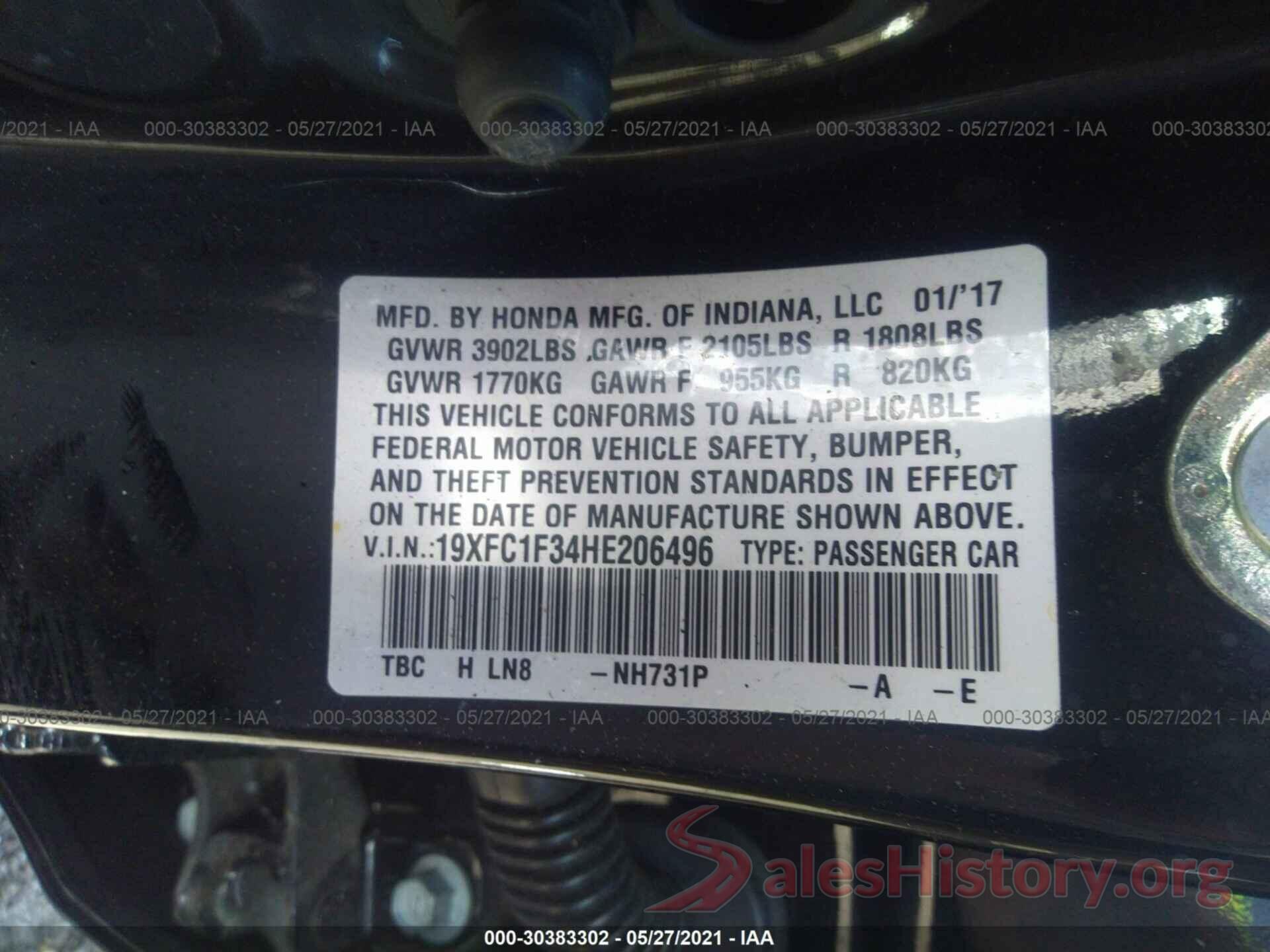 19XFC1F34HE206496 2017 HONDA CIVIC SEDAN