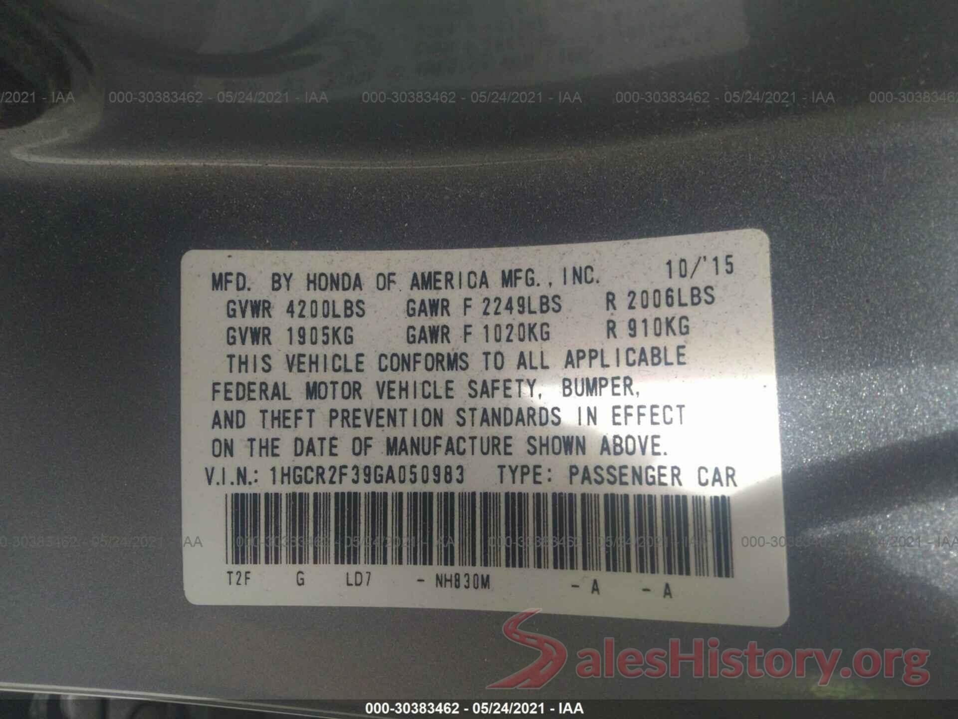 1HGCR2F39GA050983 2016 HONDA ACCORD SEDAN