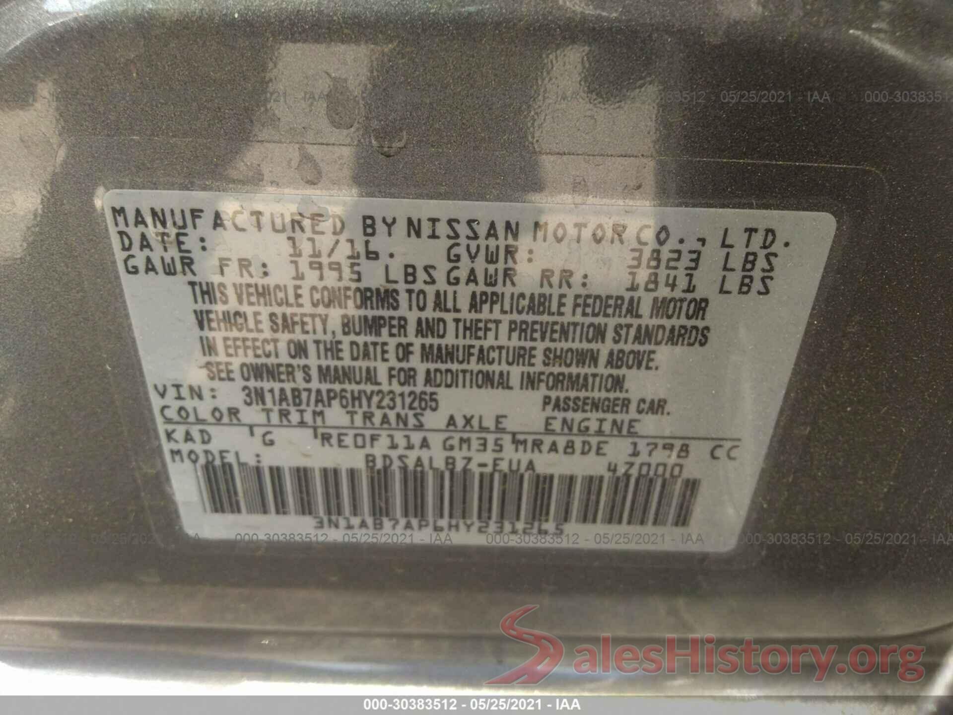 3N1AB7AP6HY231265 2017 NISSAN SENTRA