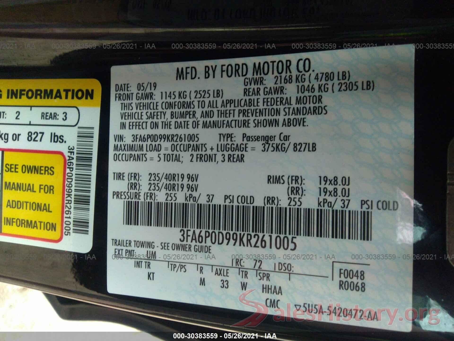 3FA6P0D99KR261005 2019 FORD FUSION