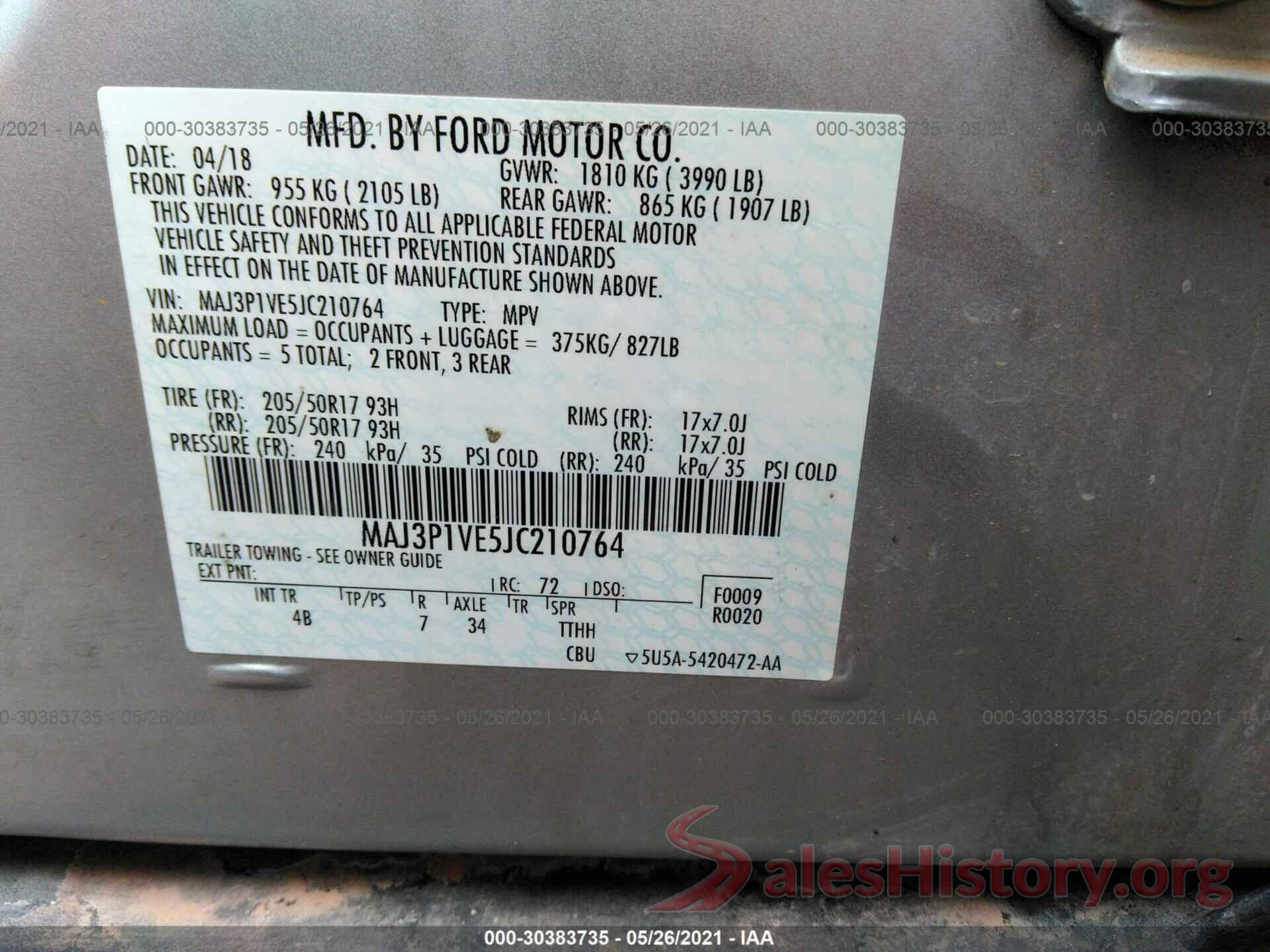 MAJ3P1VE5JC210764 2018 FORD ECOSPORT