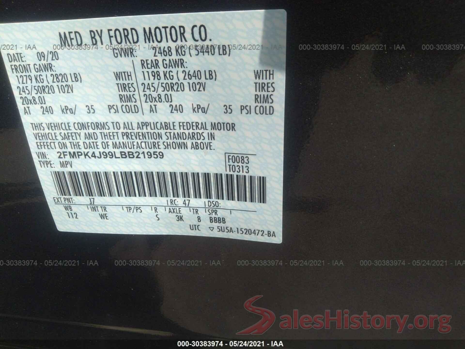 2FMPK4J99LBB21959 2020 FORD EDGE