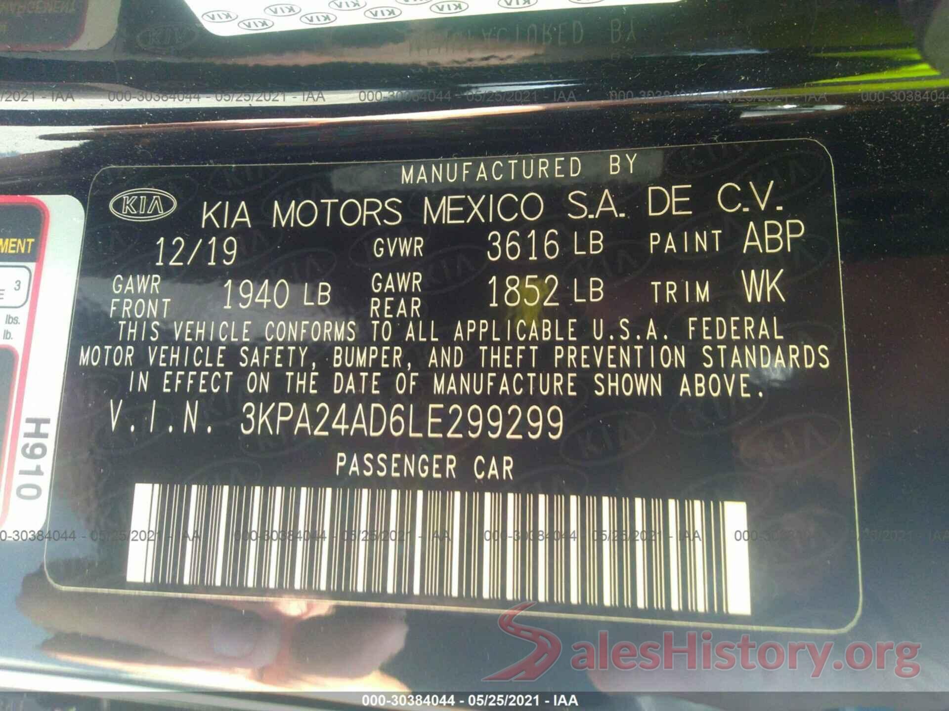 3KPA24AD6LE299299 2020 KIA RIO