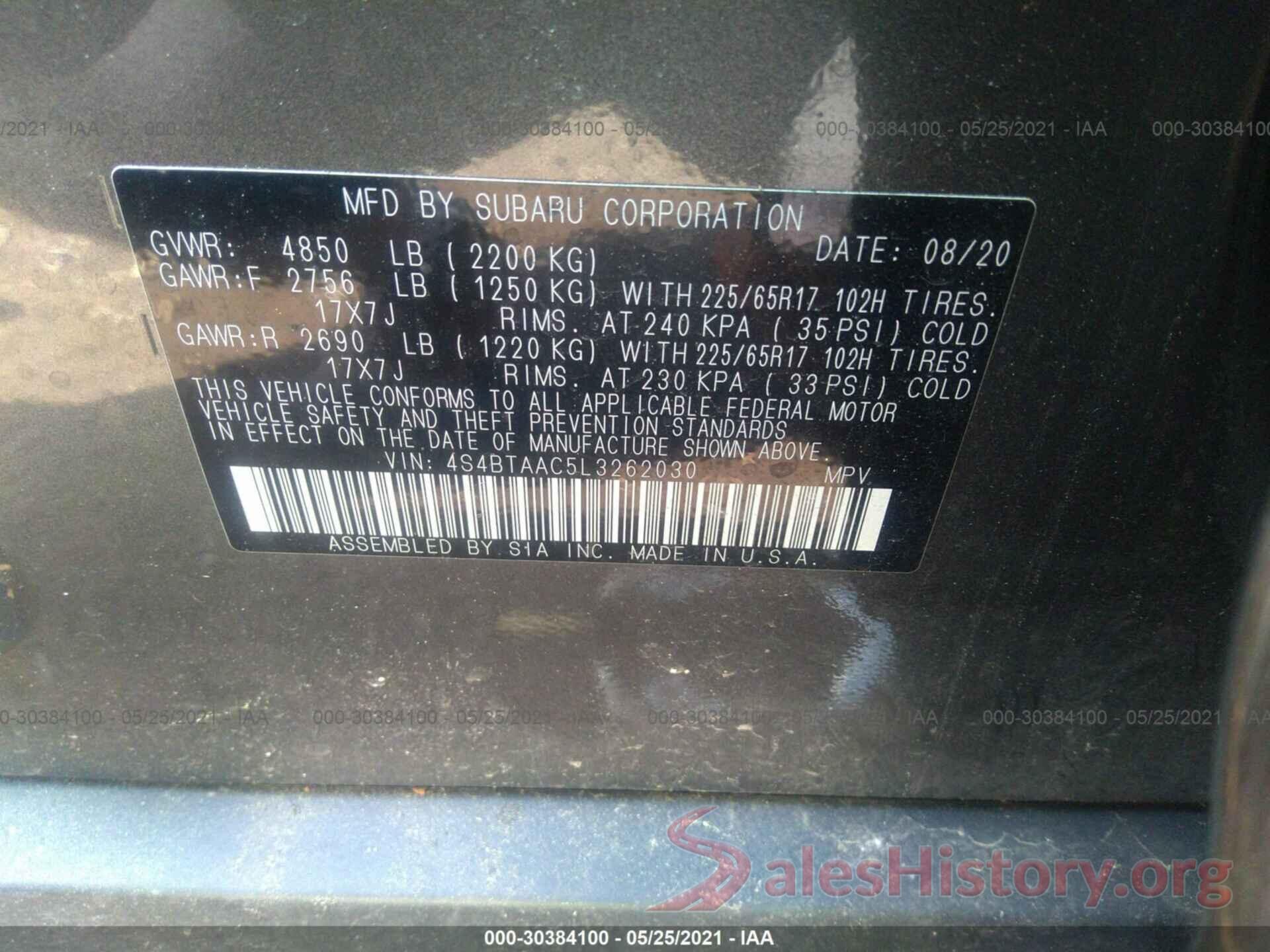 4S4BTAAC5L3262030 2020 SUBARU OUTBACK