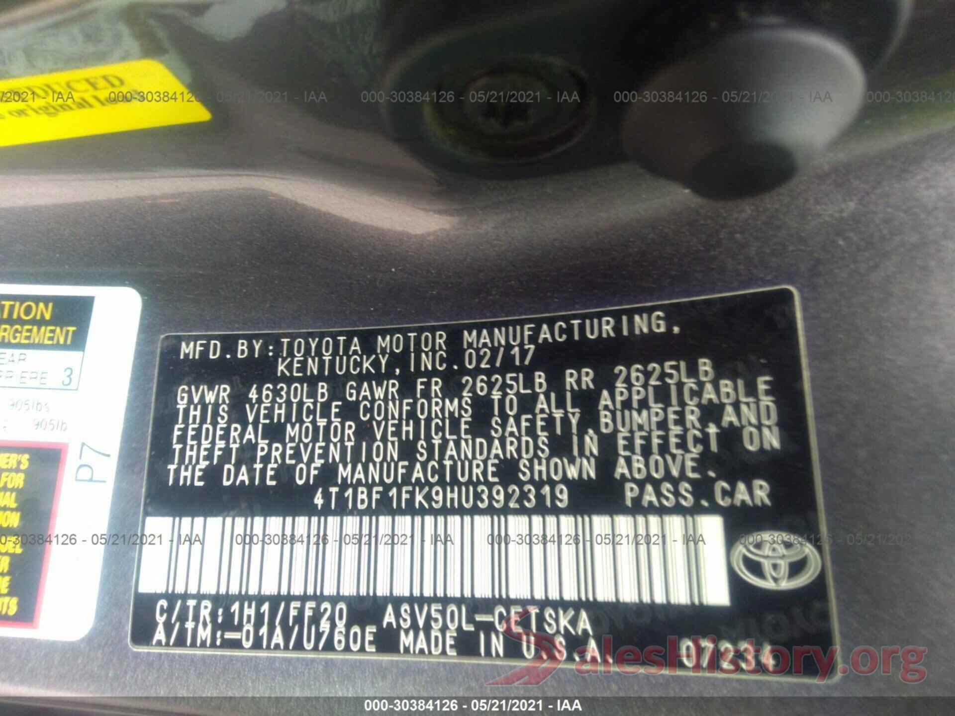 4T1BF1FK9HU392319 2017 TOYOTA CAMRY