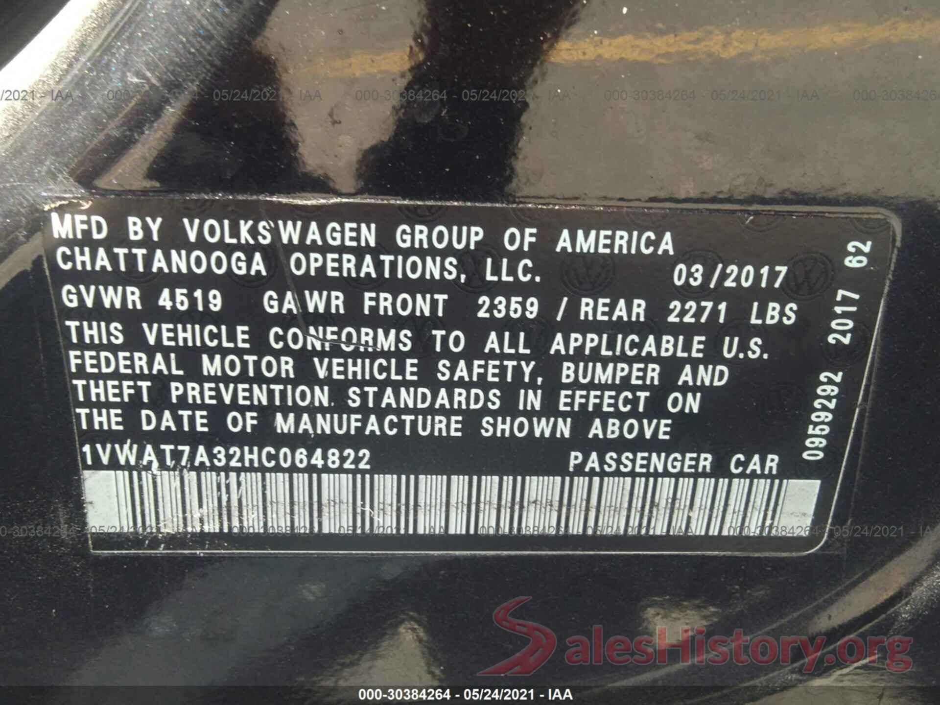 1VWAT7A32HC064822 2017 VOLKSWAGEN PASSAT