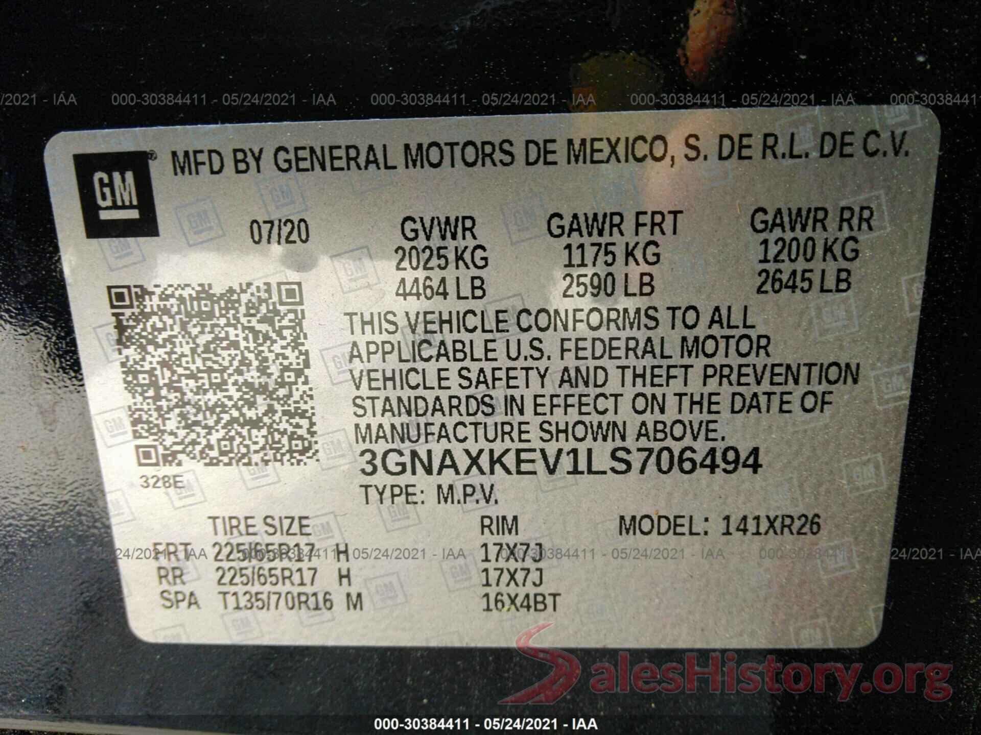 3GNAXKEV1LS706494 2020 CHEVROLET EQUINOX