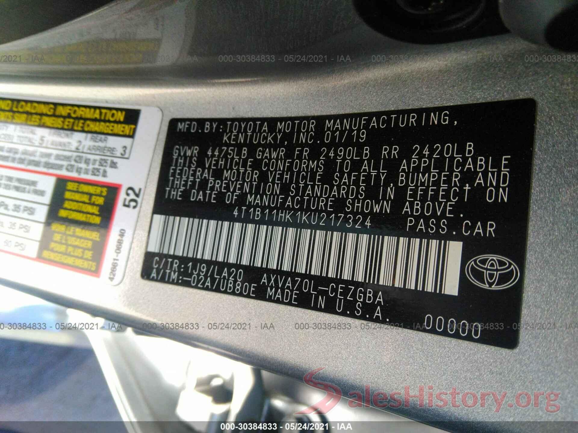 4T1B11HK1KU217324 2019 TOYOTA CAMRY