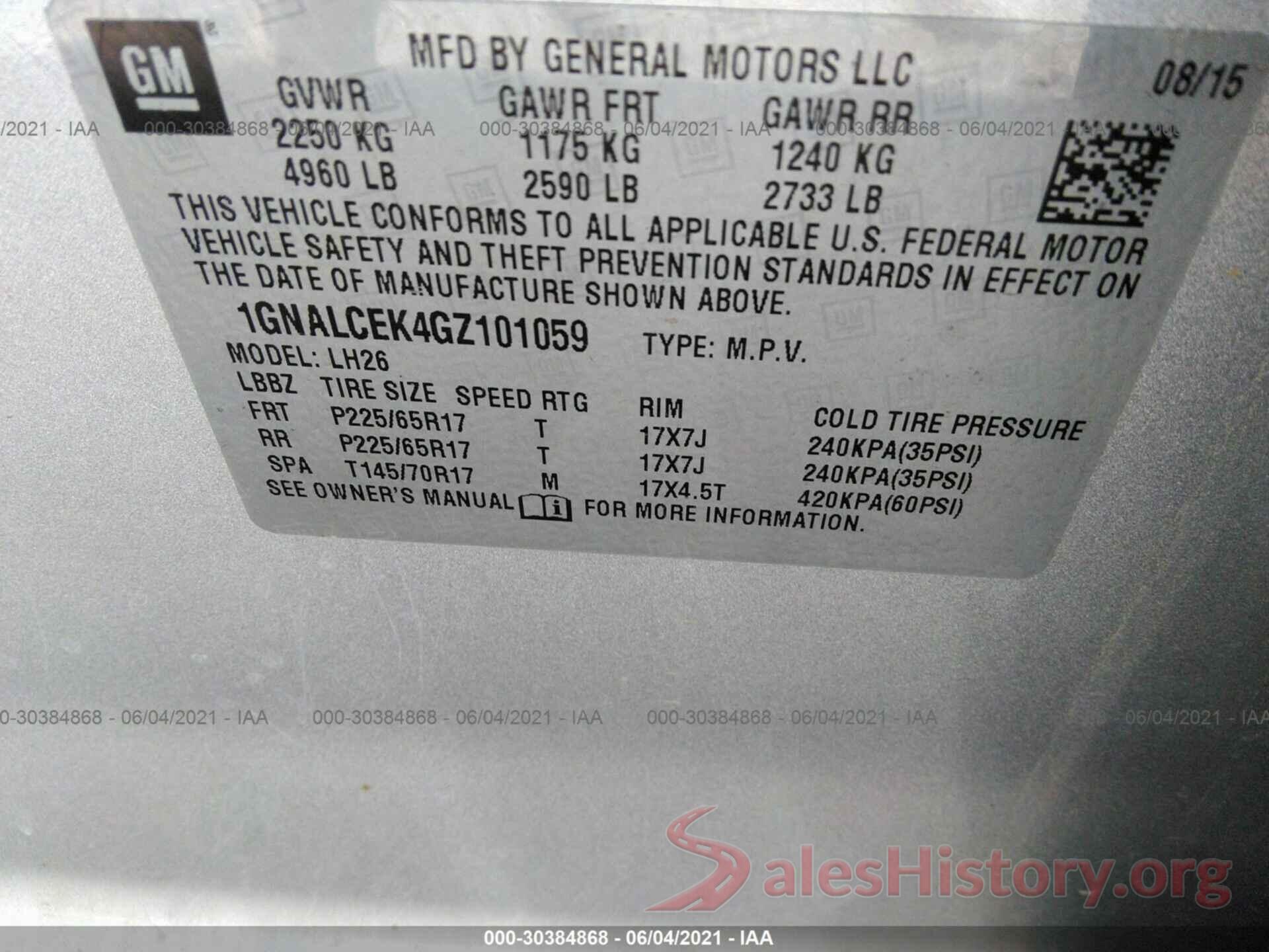 1GNALCEK4GZ101059 2016 CHEVROLET EQUINOX